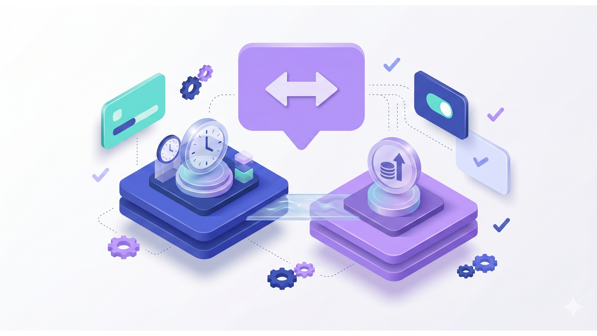 Isometric exchange illustration with two glowing platforms, arrows, gears, and floating app icons in purple and teal