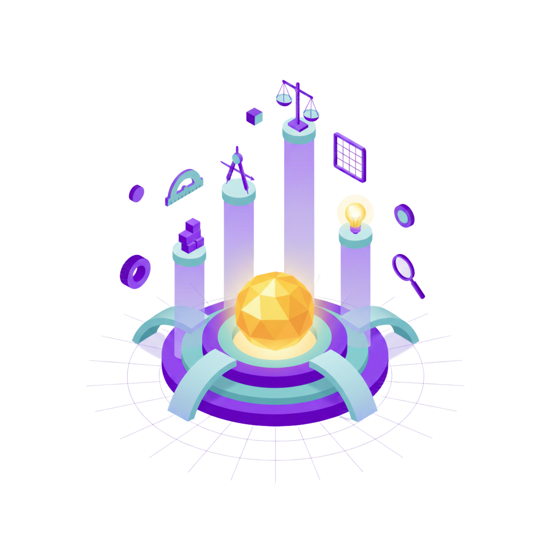 Isometric illustration of a golden orb with columns holding math tools and symbols, atop a tiered platform.