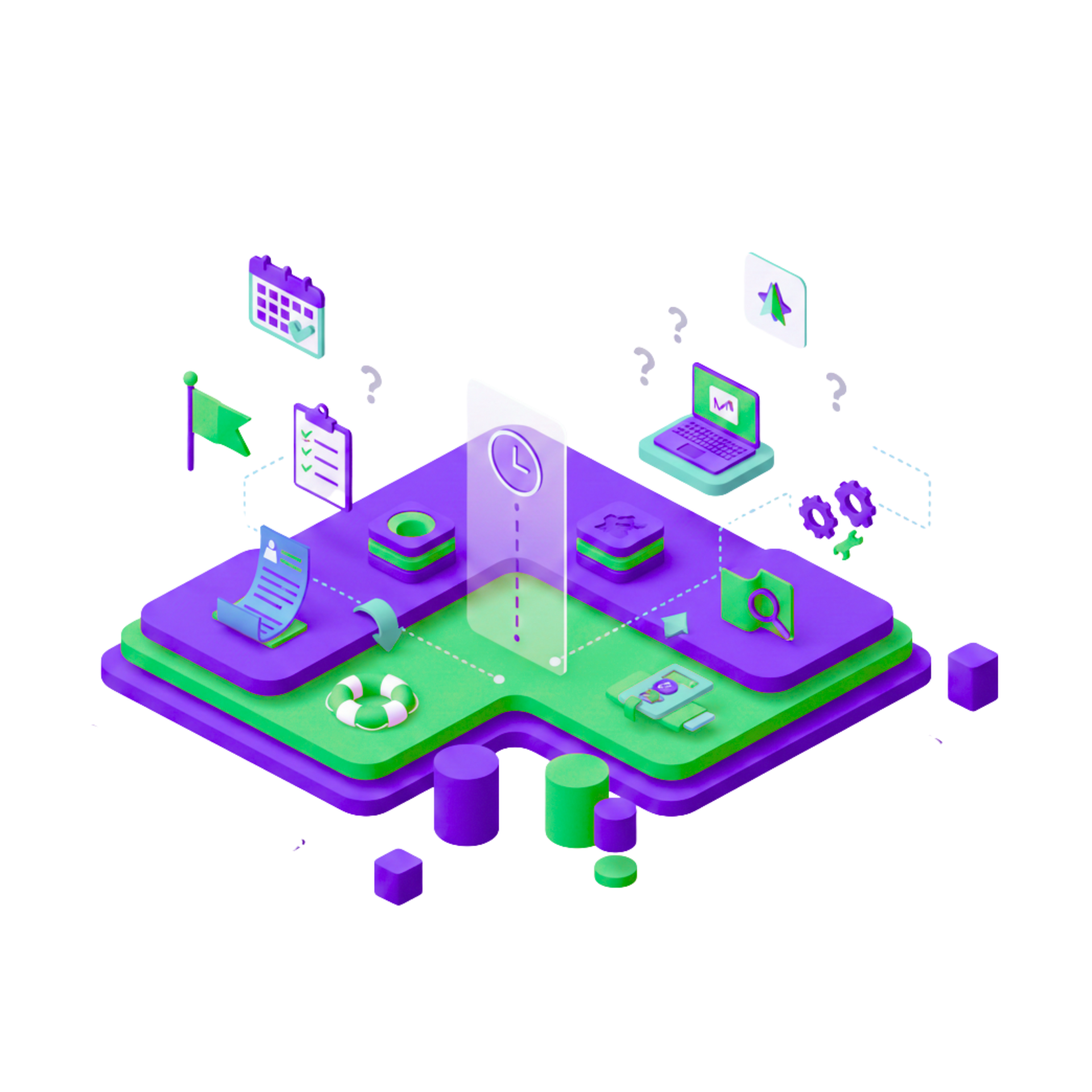 Isometric illustration of project management elements: calendar, laptop, documents, time, and workflow.