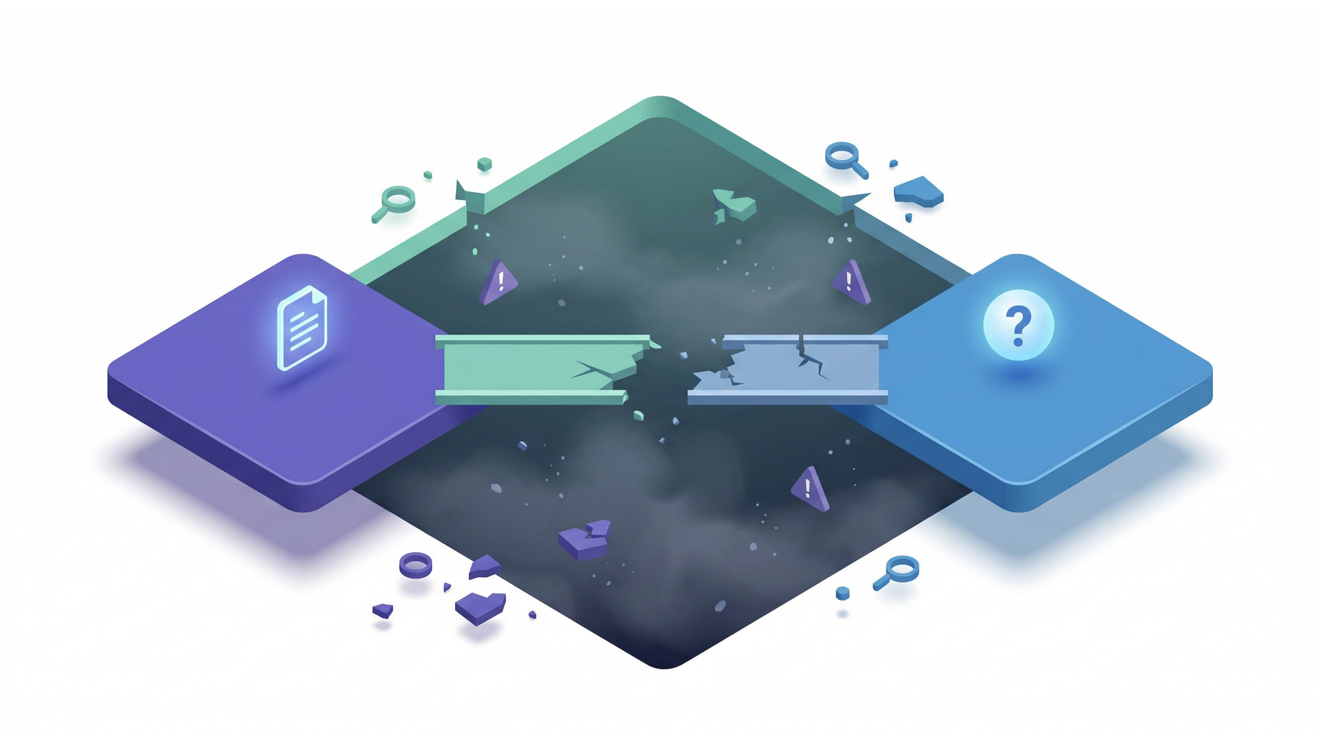 A bridge broken in the middle connects a purple square with a document icon to a blue square with a question mark.