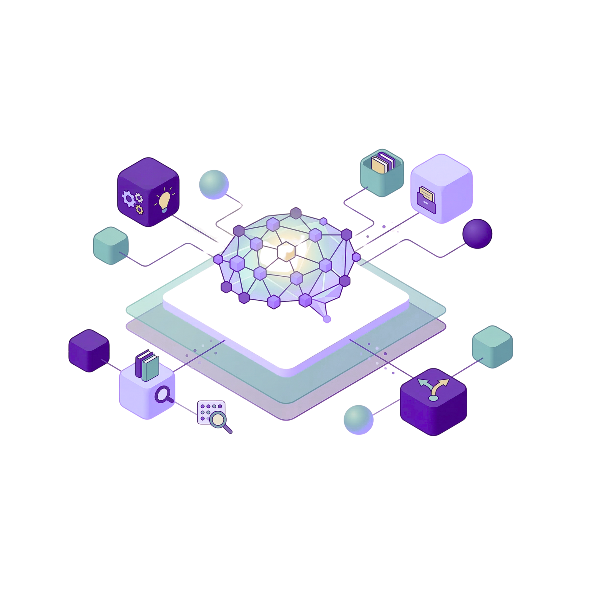 An isometric illustration of a digital brain icon surrounded by purple and blue geometric data nodes on a layered base.
