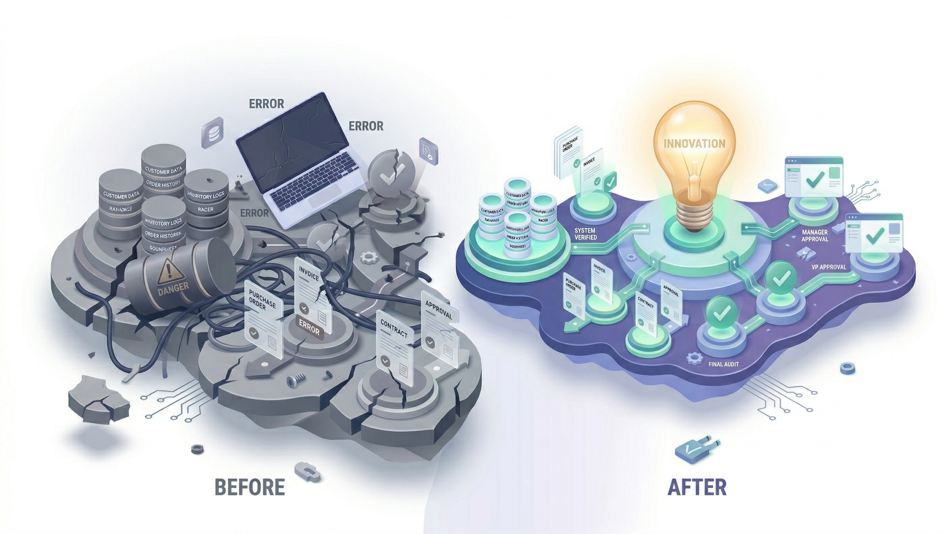 A before-and-after comparison showing fragmented, cluttered grayscale systems evolving into a glowing, organized network.