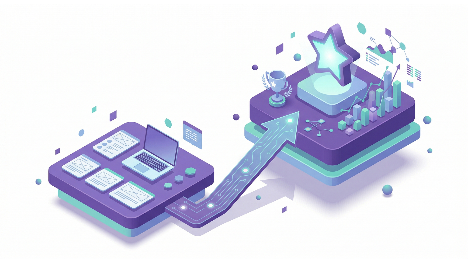 A laptop on a digital platform connects via a circuit-patterned arrow to a platform with a trophy, star, and charts.