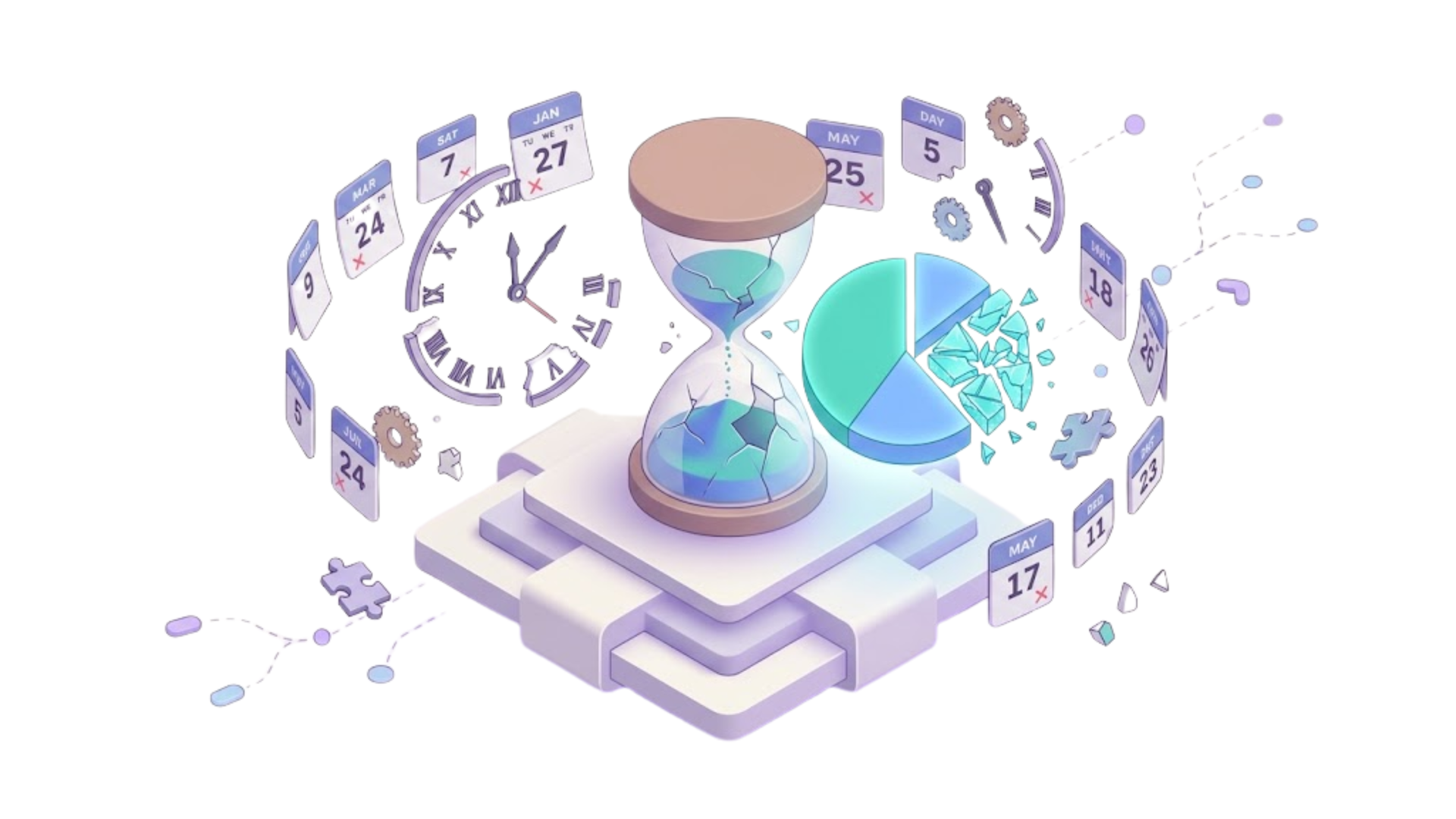 Hourglass beside clock, calendar icons, and pie chart, illustrating time management and analytics