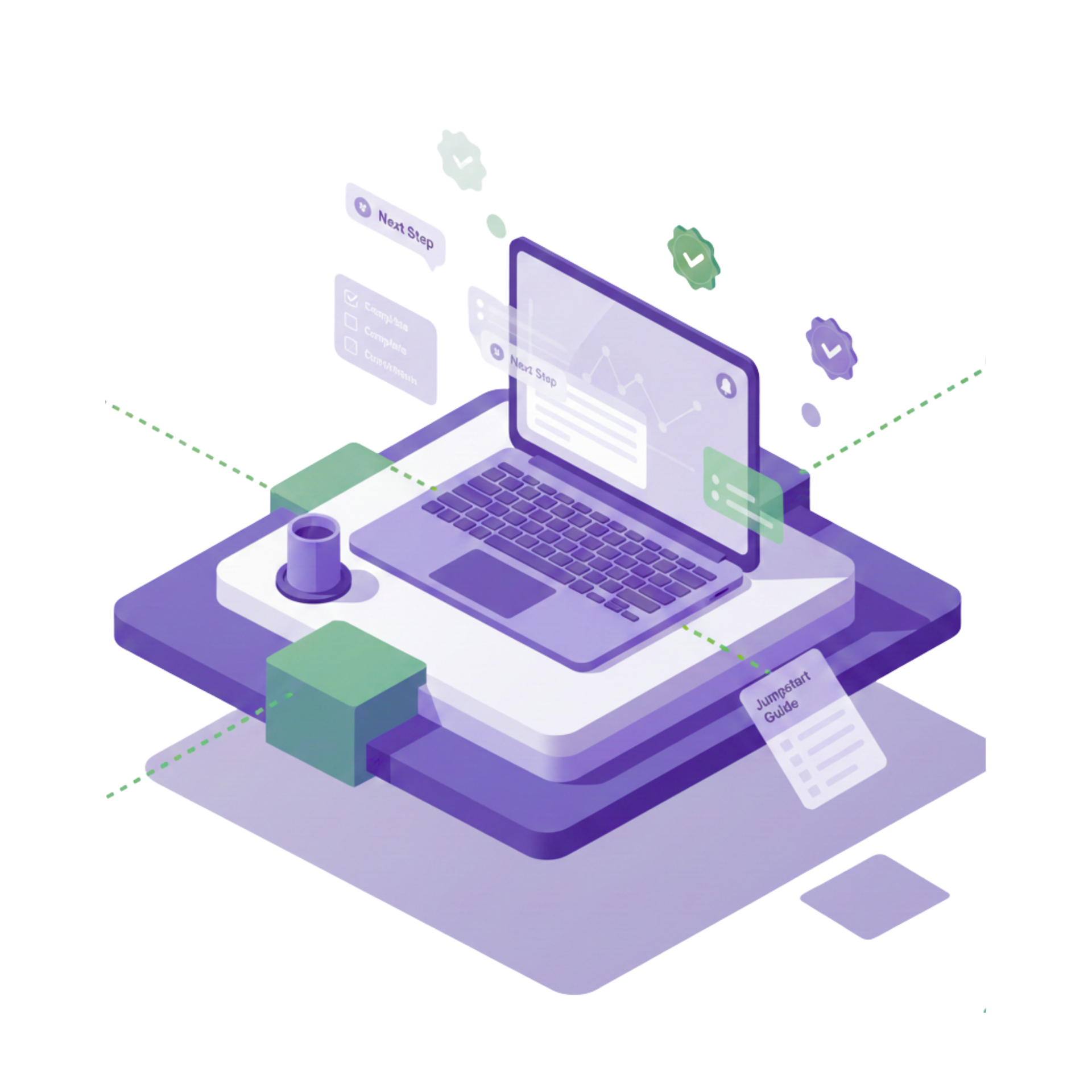 Laptop on platform, connected to digital documents and a cup, with check marks.