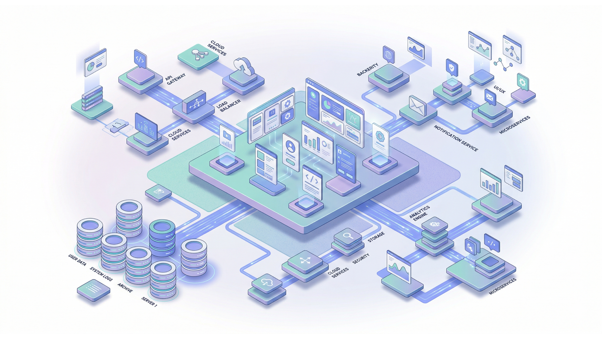 A glowing blue sphere with a white question mark sits on a stylized, high-tech platform with floating data icons.