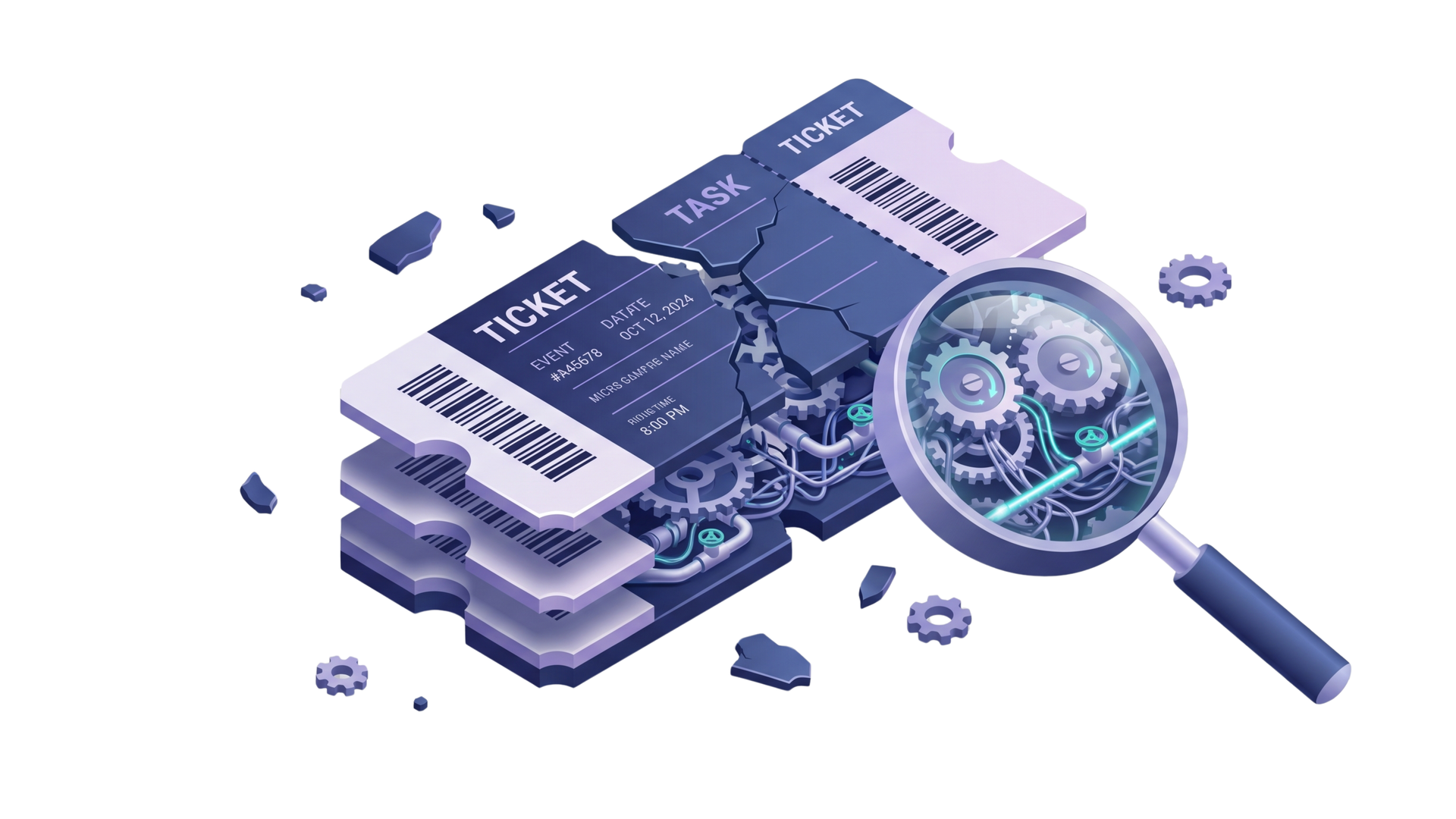 Magnifying glass over a blue 3D AI chip with digital gears and data blocks