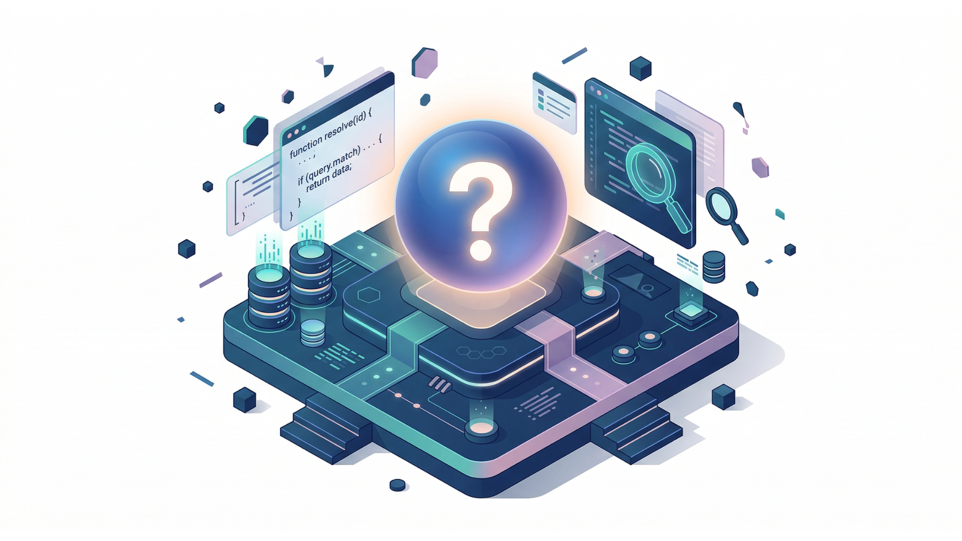A glowing blue sphere with a white question mark sits on a stylized, high-tech platform with floating data icons.
