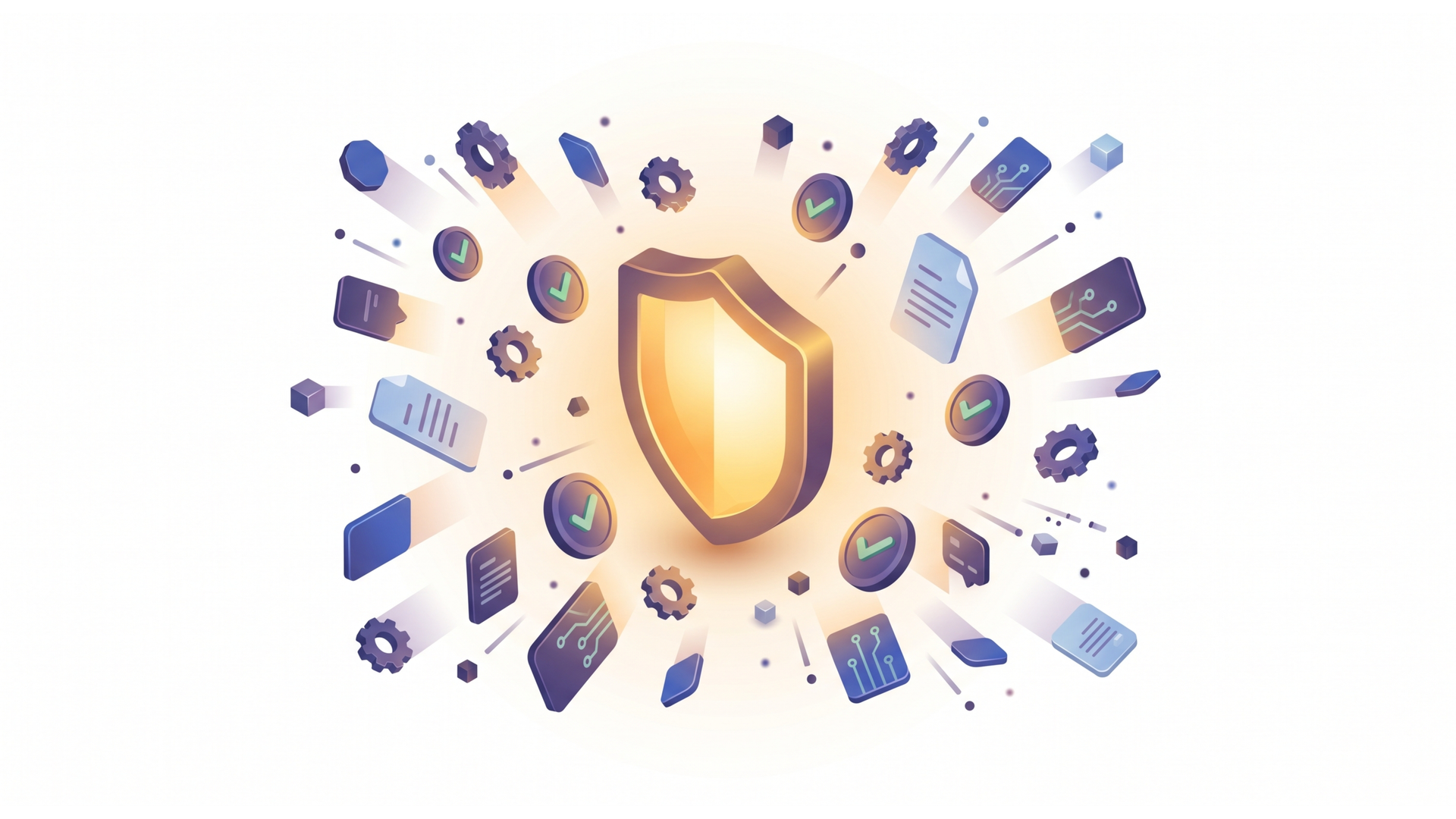 Golden shield icon surrounded by floating blue and purple digital devices on a white background