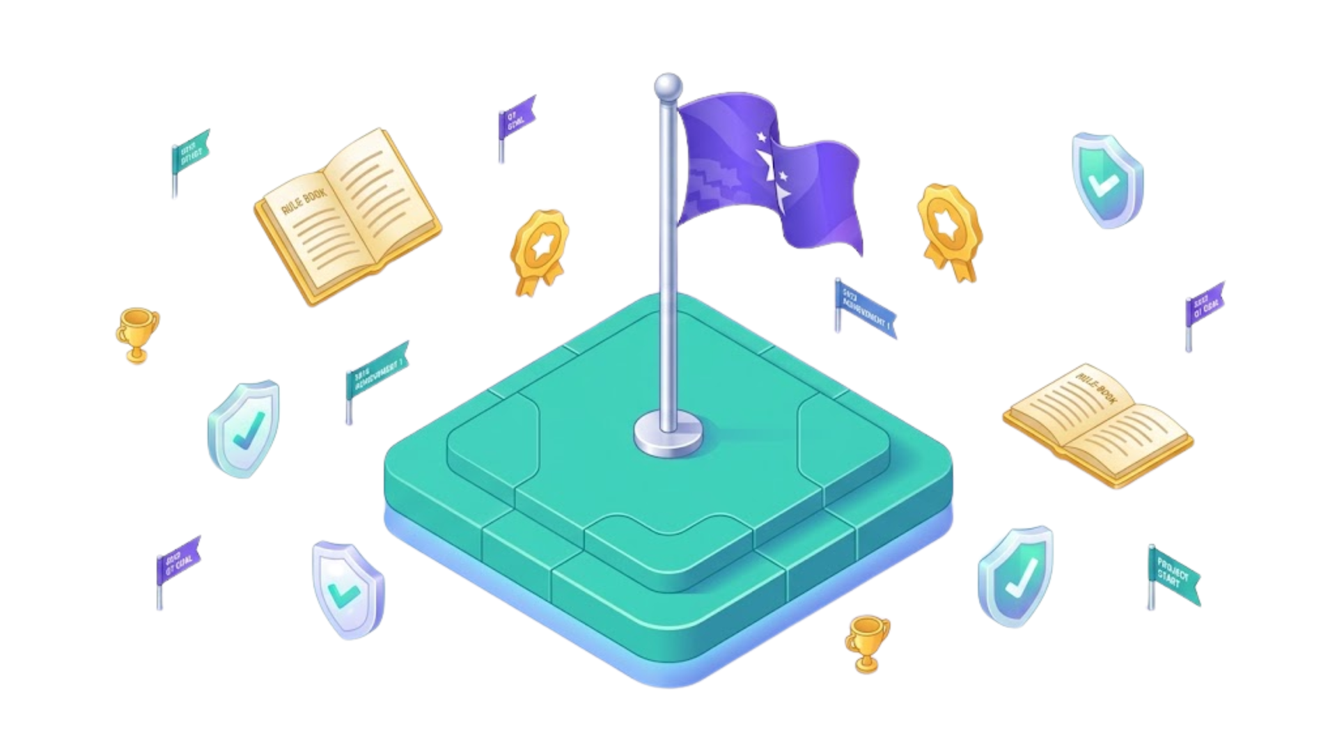 Purple flag on a teal platform with floating certificates, shields, and keys