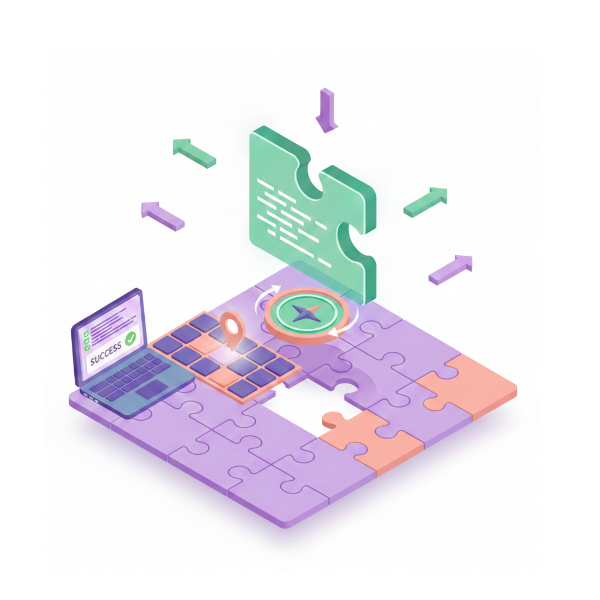 Laptop with code, puzzle with a missing piece, compass, and arrows, suggesting problem-solving and direction.