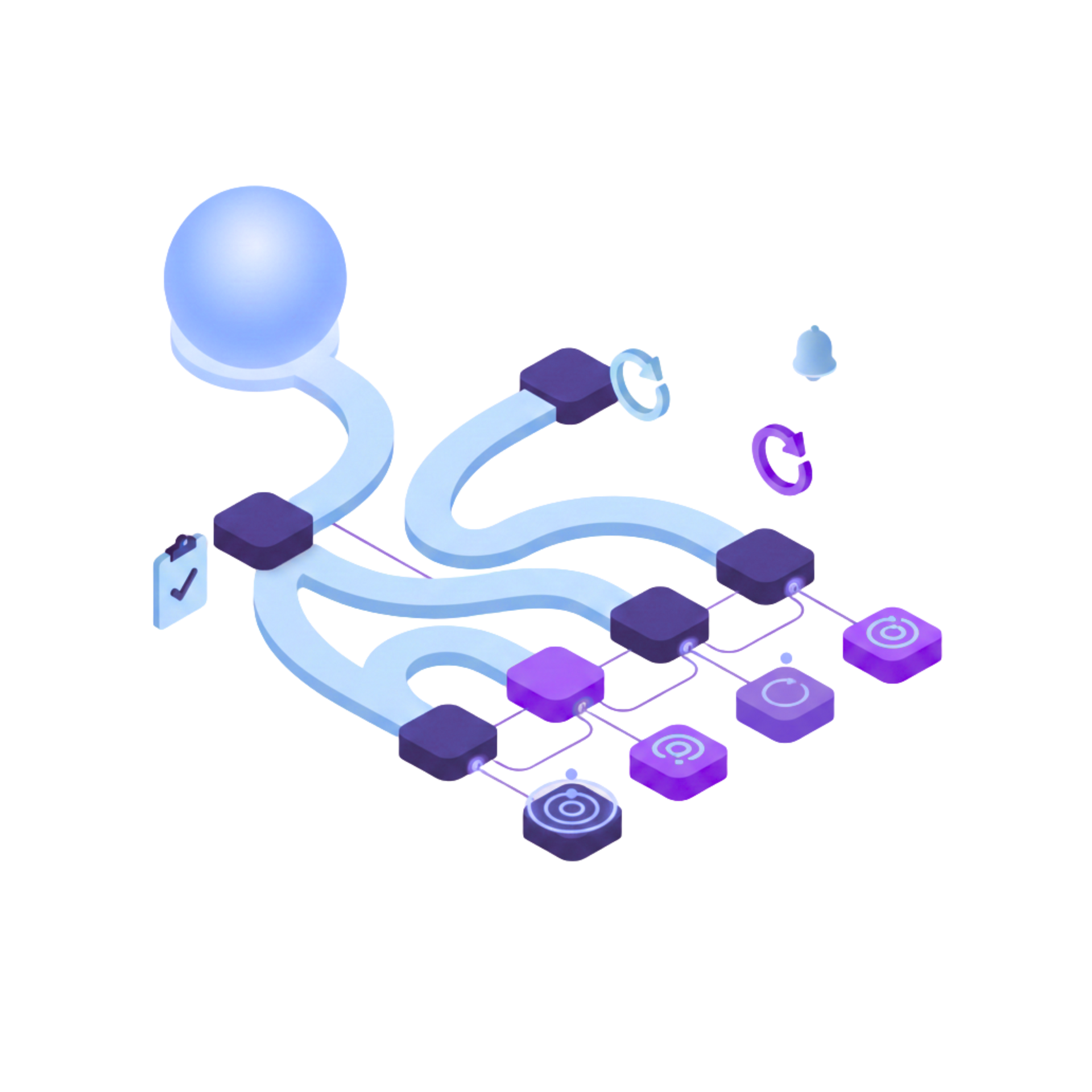 Isometric illustration of a blue sphere with branching pipelines and purple square nodes, possibly representing a data flow or network.