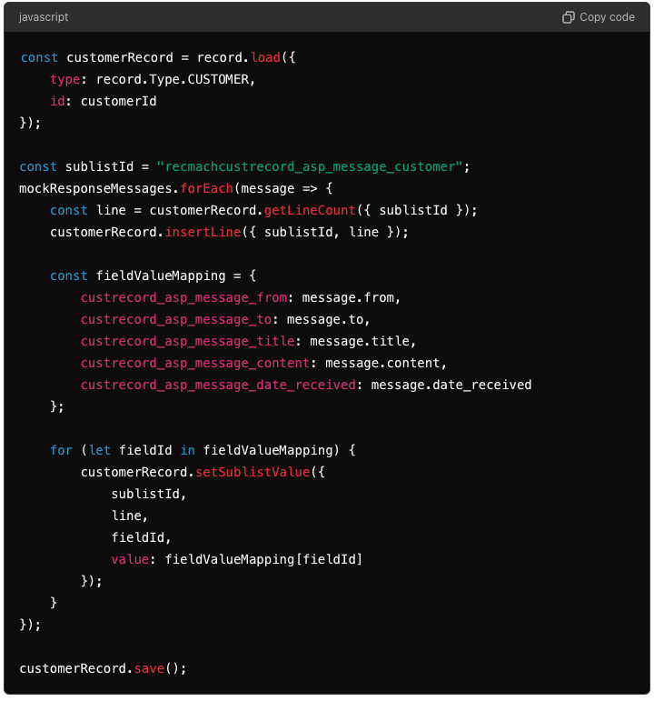 Code snippet in a dark-themed IDE, displaying JavaScript code. It appears to create and update customer records.
