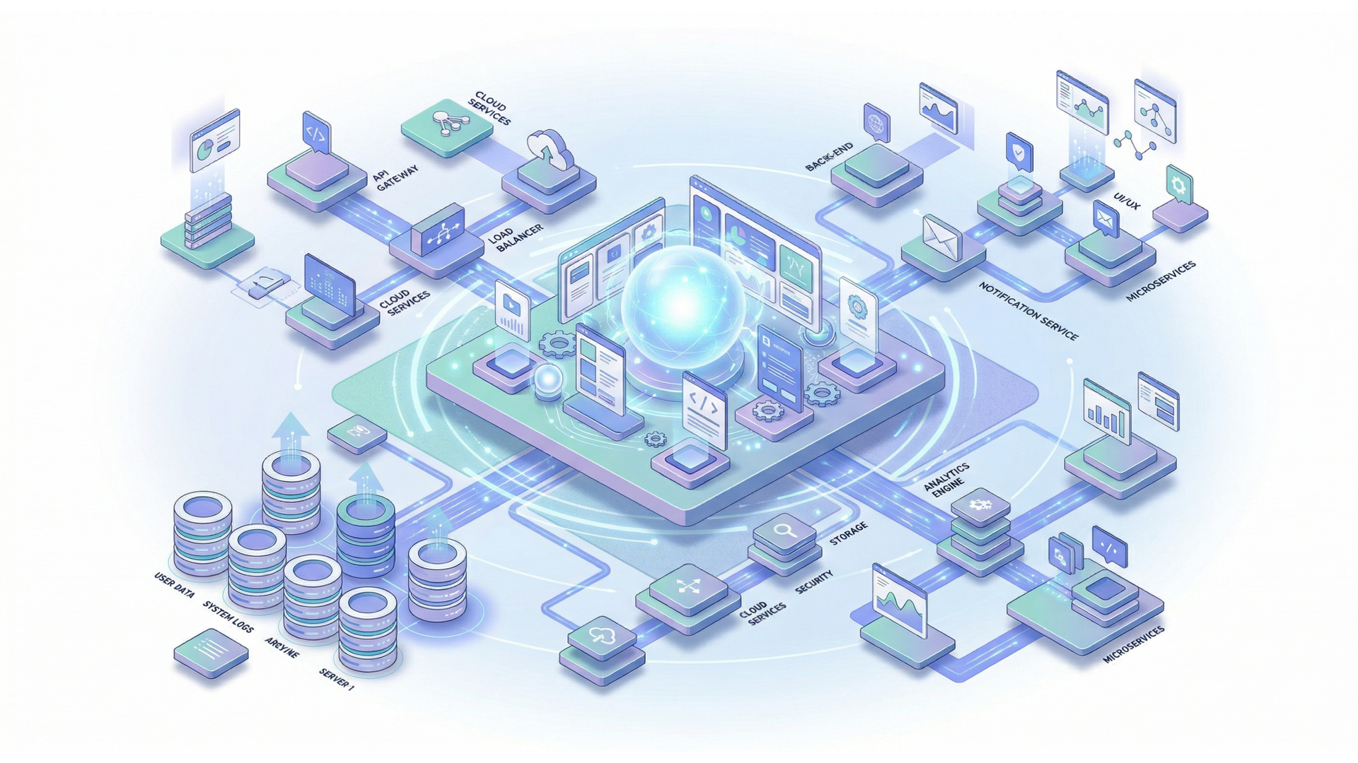 An isometric digital illustration showing a glowing central core connected to various data servers, icons, and screens.