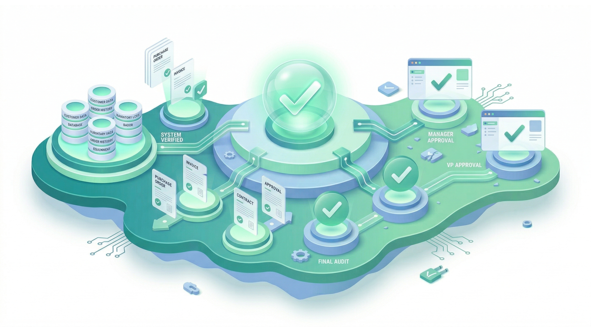 An isometric, green-themed digital illustration showing a central hub connected to various data nodes and documents.