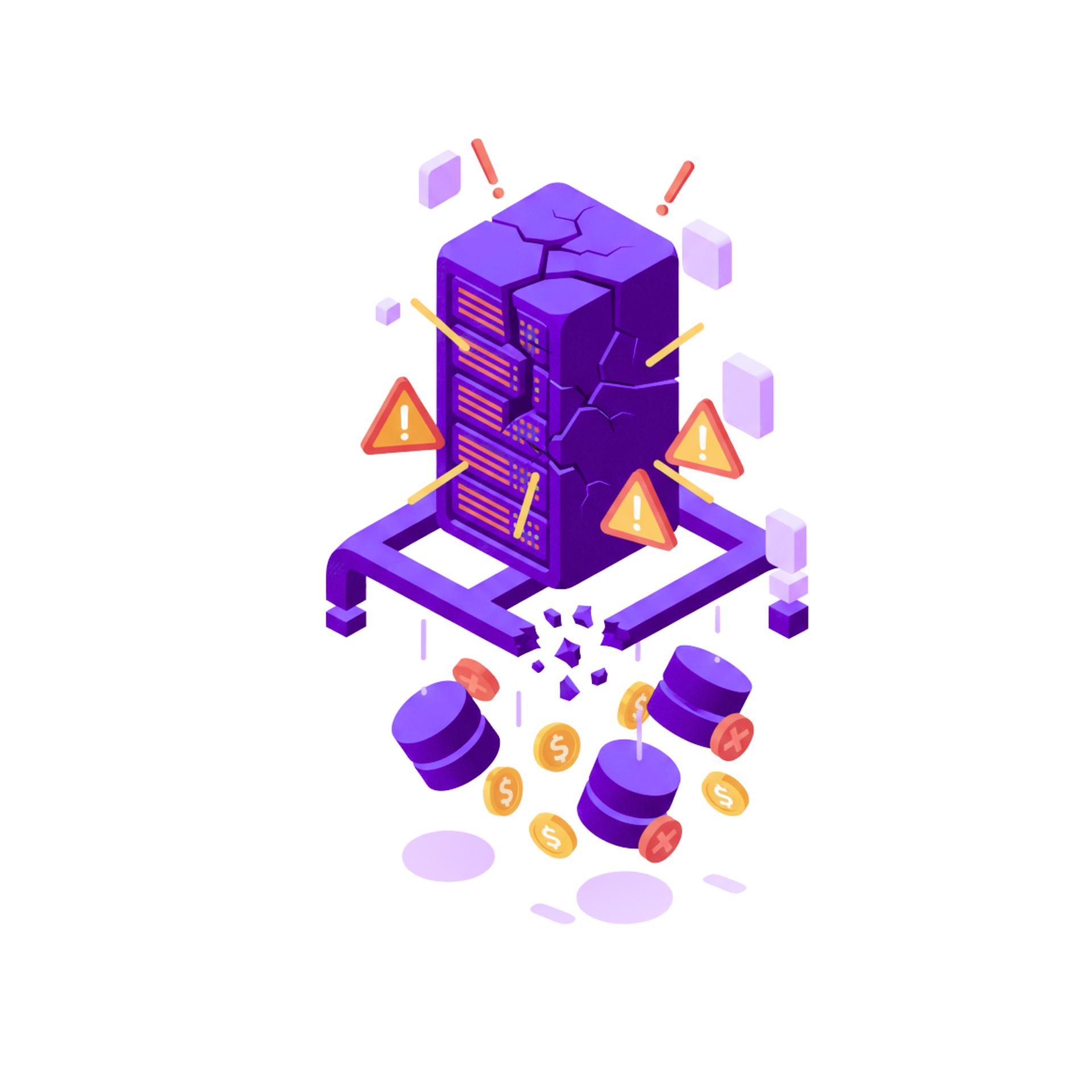 Cracked server tower collapsing, warning symbols and coins falling, purple and yellow, representing data loss.