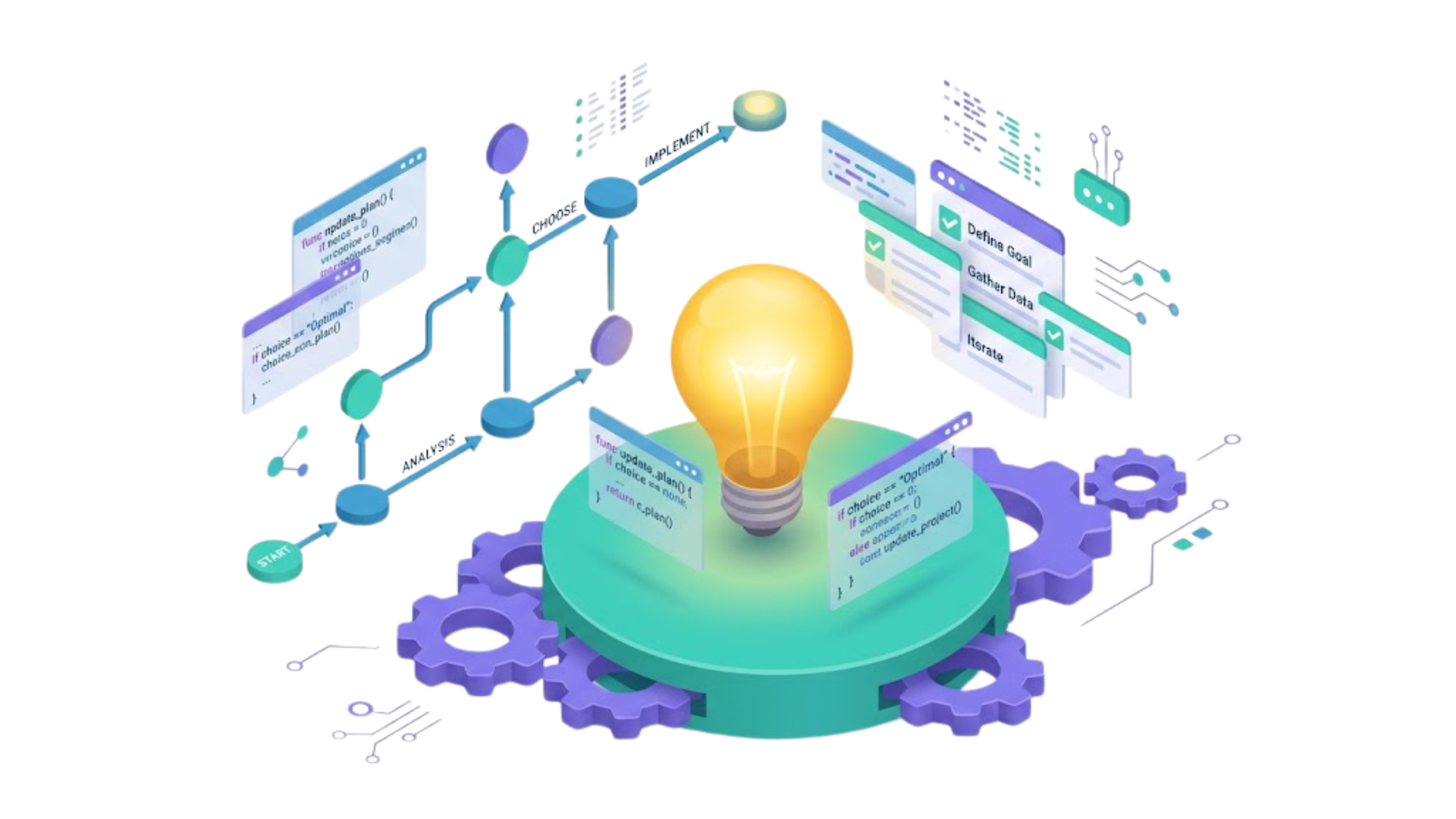 Glowing light bulb above teal gears and connected workflow icons, symbolizing innovation and automation