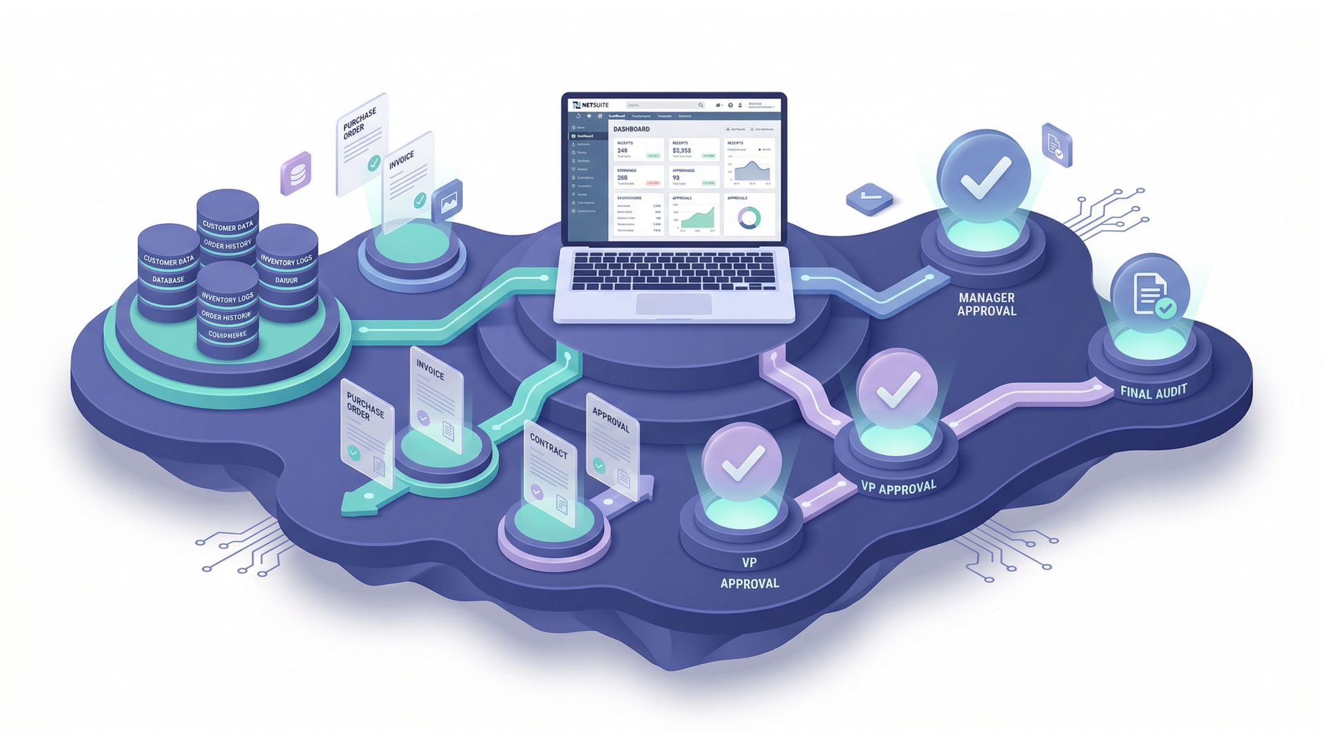 A digital dashboard on a laptop connected to data nodes, security icons, and document flows on a stylized platform.