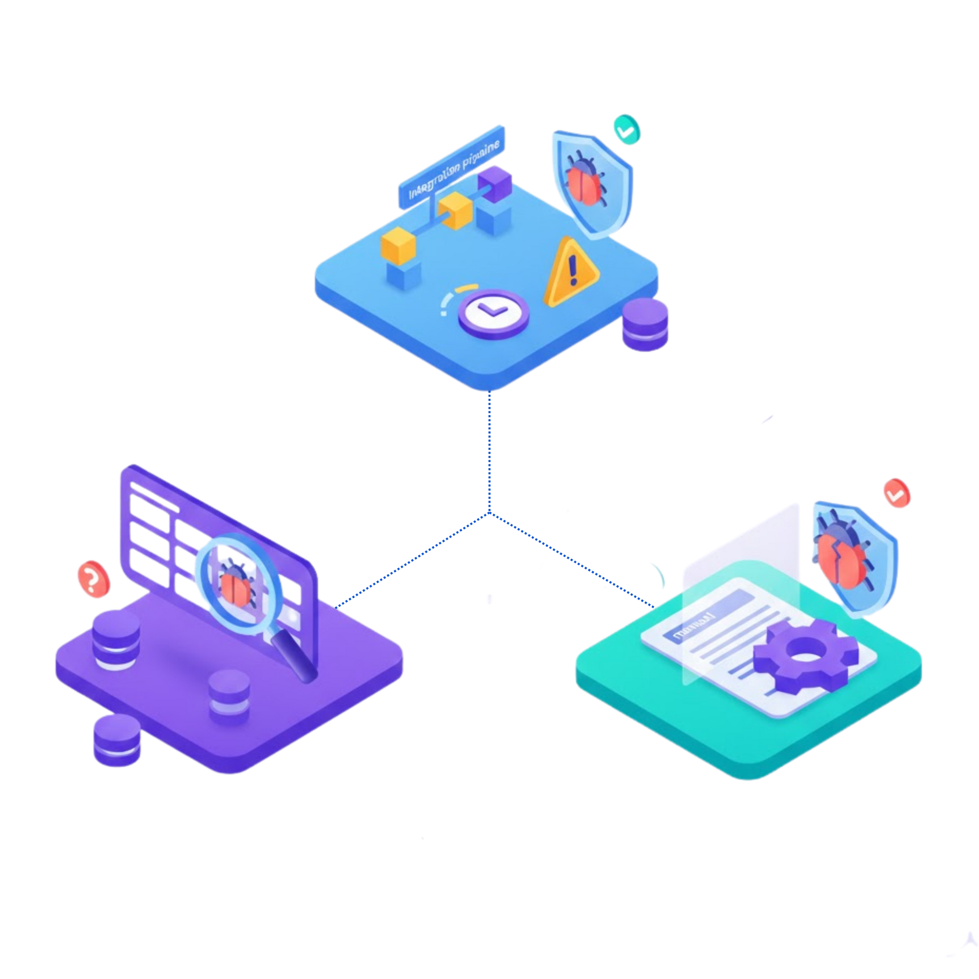 Isometric view of four interconnected data servers with glowing blue interfaces and various icons.