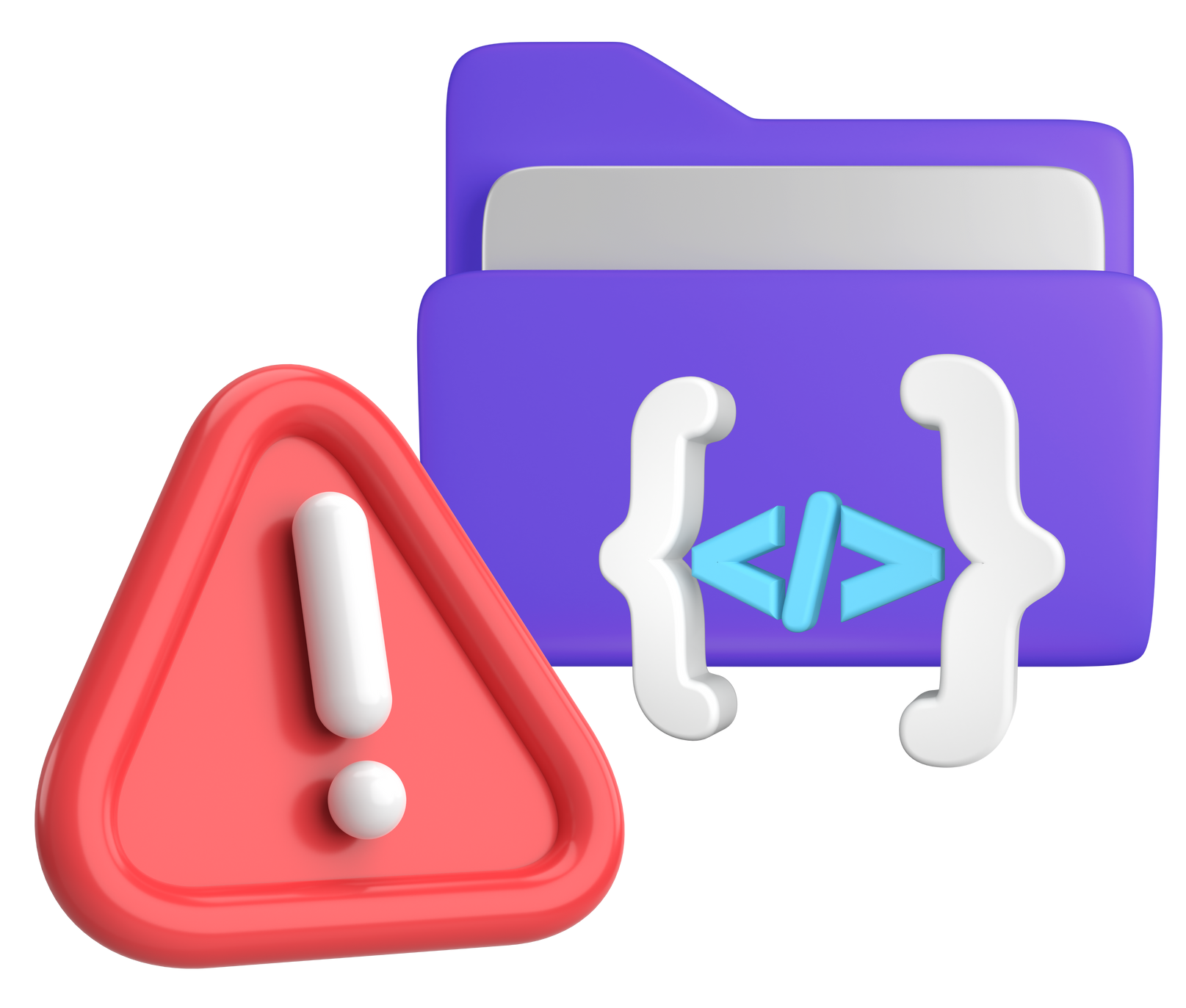 Red warning triangle next to a purple folder with code brackets and an arrow icon.
