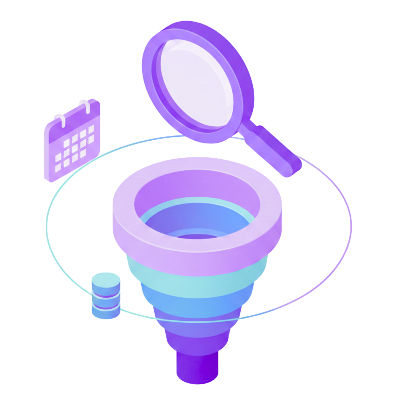 Purple funnel with magnifying glass, calendar, and data, representing data analysis or filtering.
