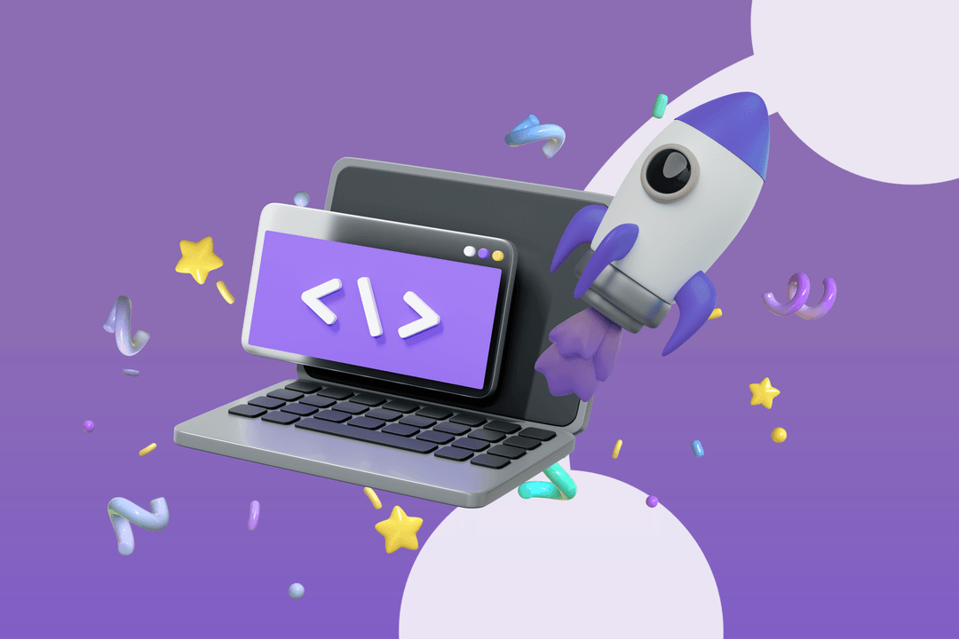 Laptop with code window launching a rocket, promoting clean code for NetSuite partners. Purple theme.