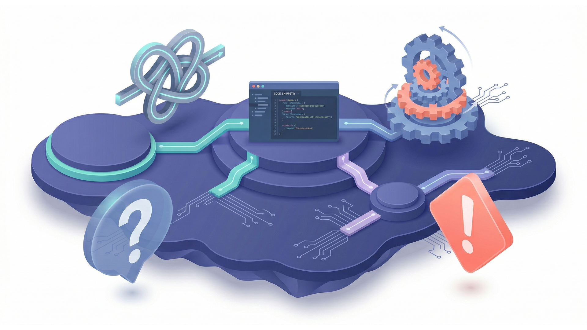 A code window sits on a platform connected by pipes to a knot, a gear system, a question mark icon, and an exclamation mark.