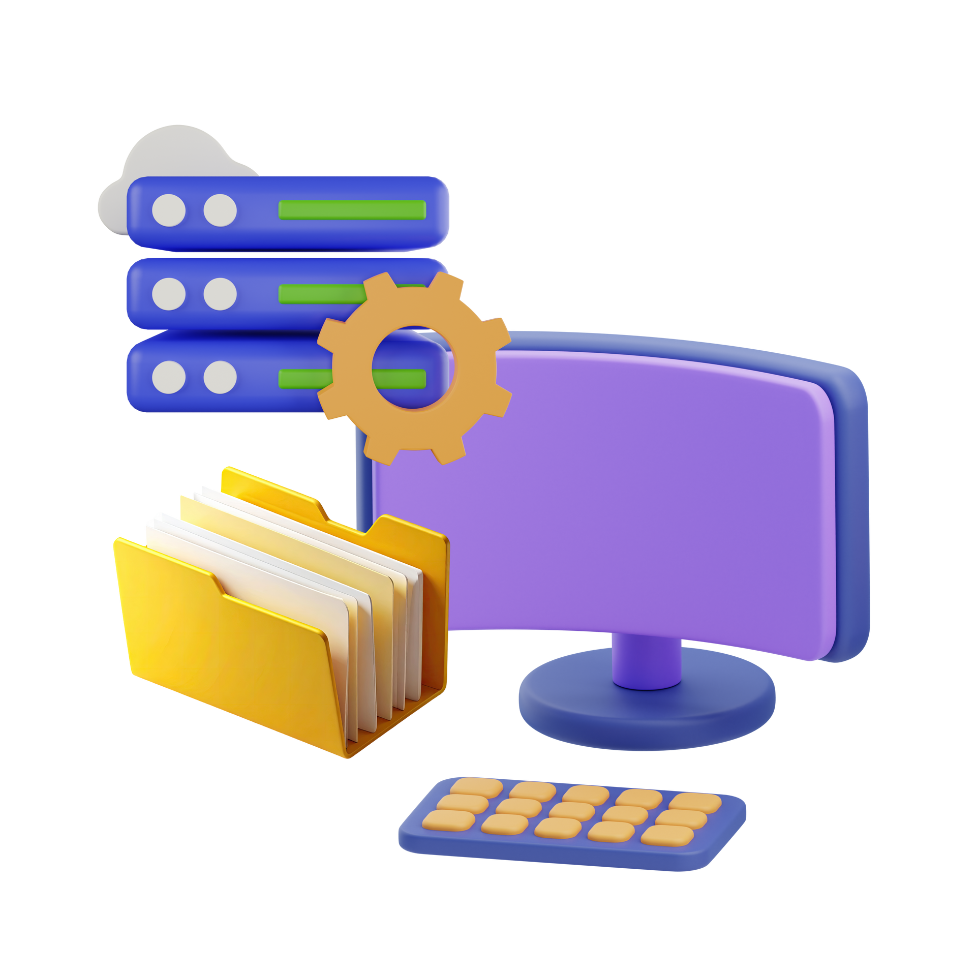 3D rendering of computer system with server, folder, gear, keyboard, and monitor.