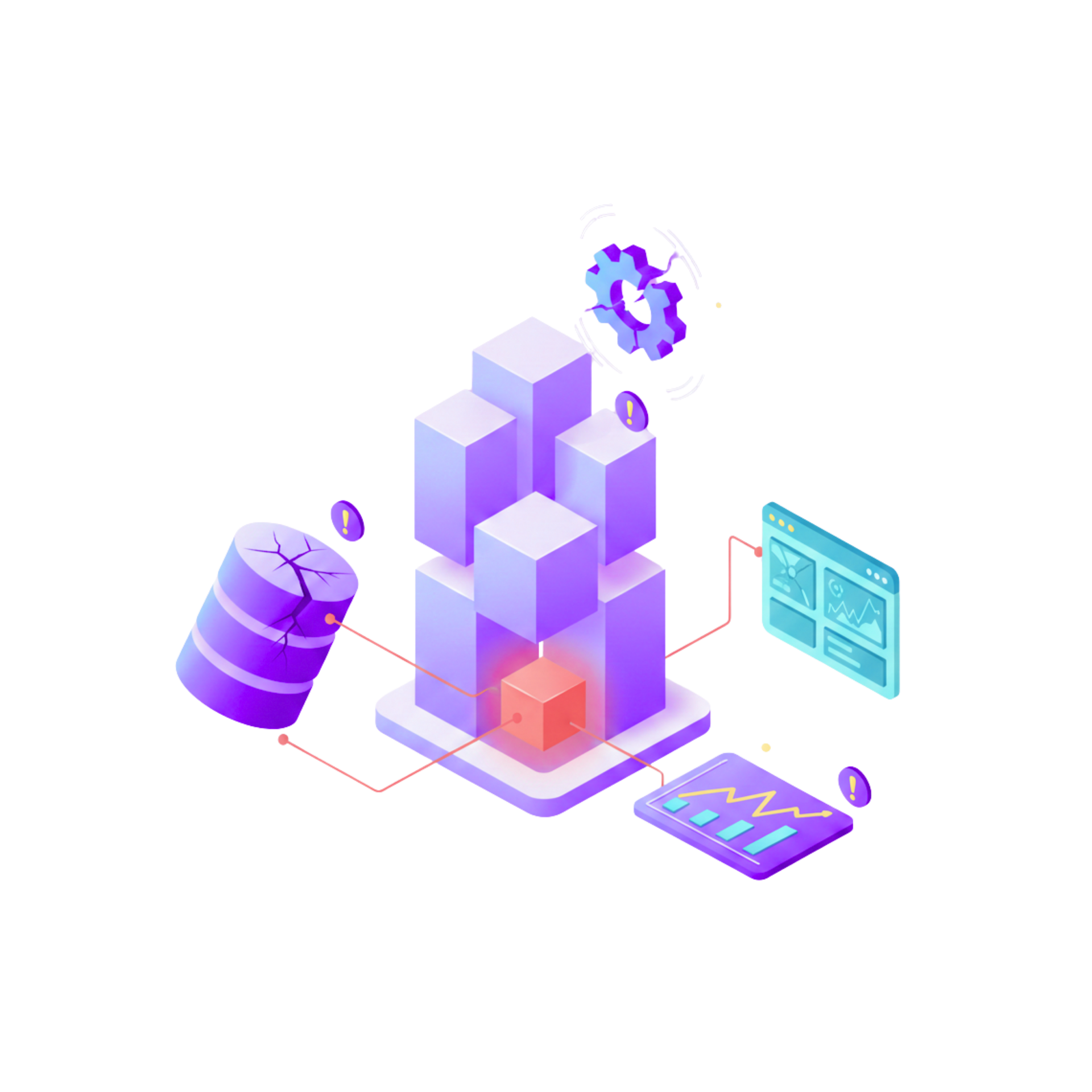 Isometric illustration of data processing: server stack, cracked database, charts, and interface. Purple, blue tones.