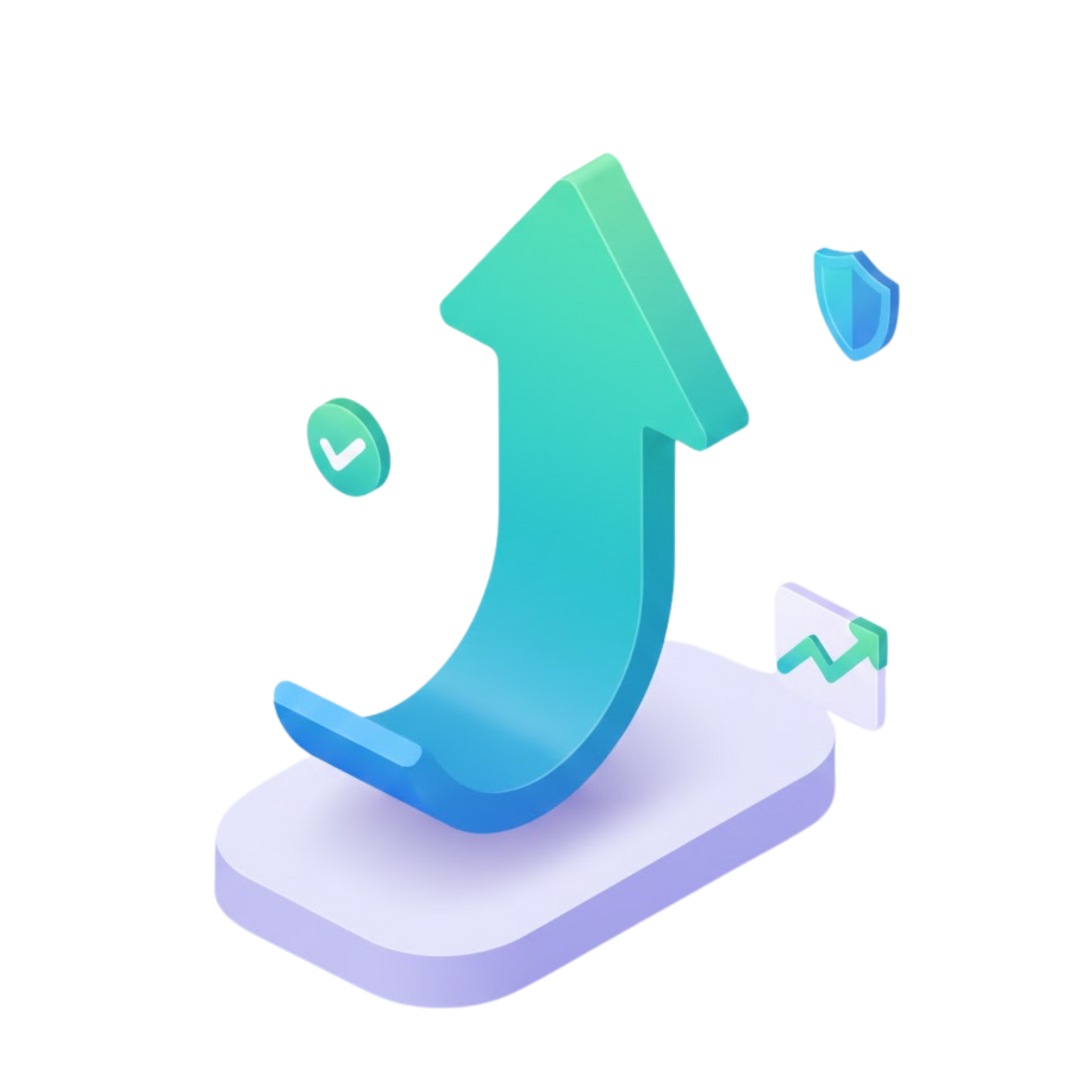 A curved upward arrow, light blue to green, symbolizes growth, with security and progress icons.