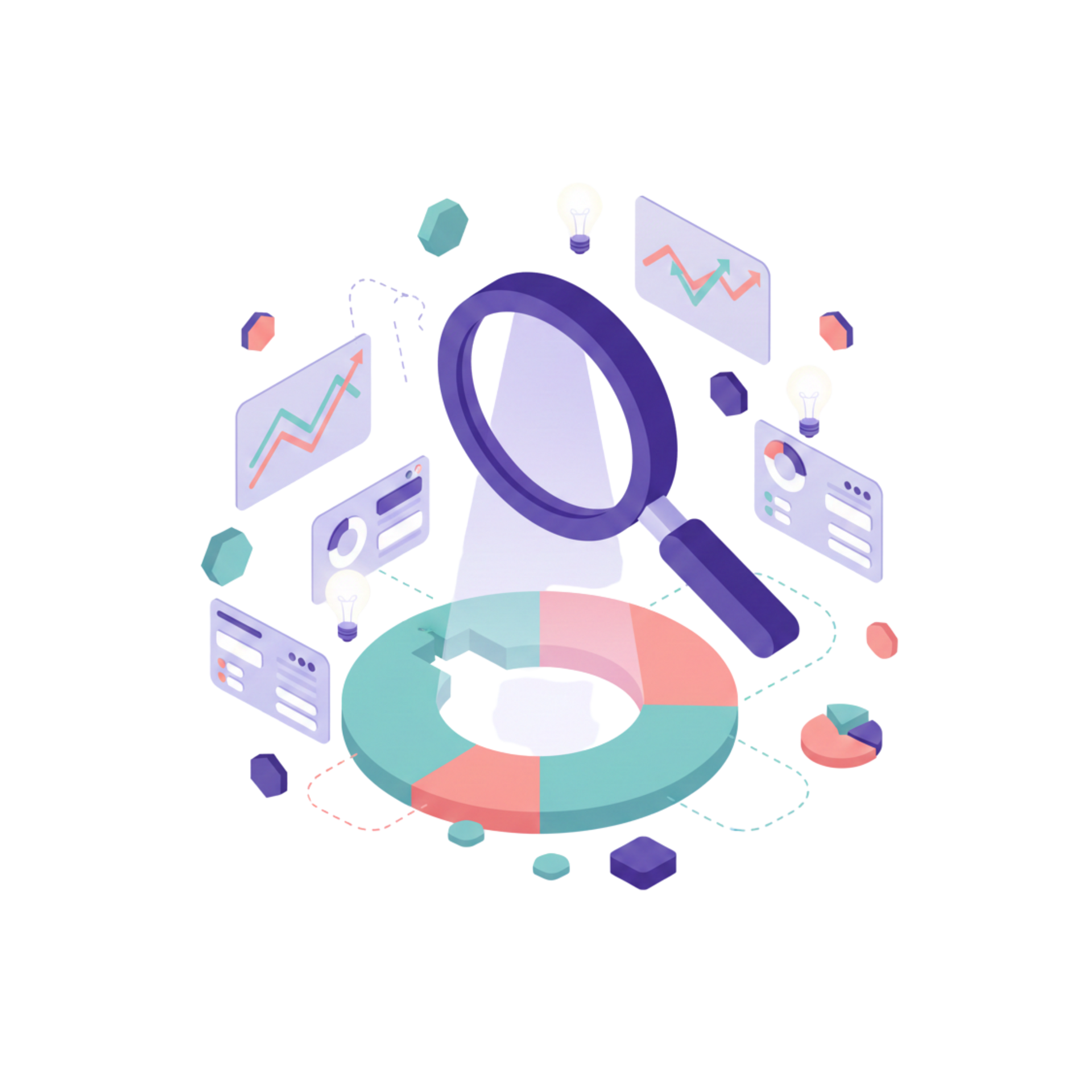Magnifying glass analyzing a donut chart and data visualizations.