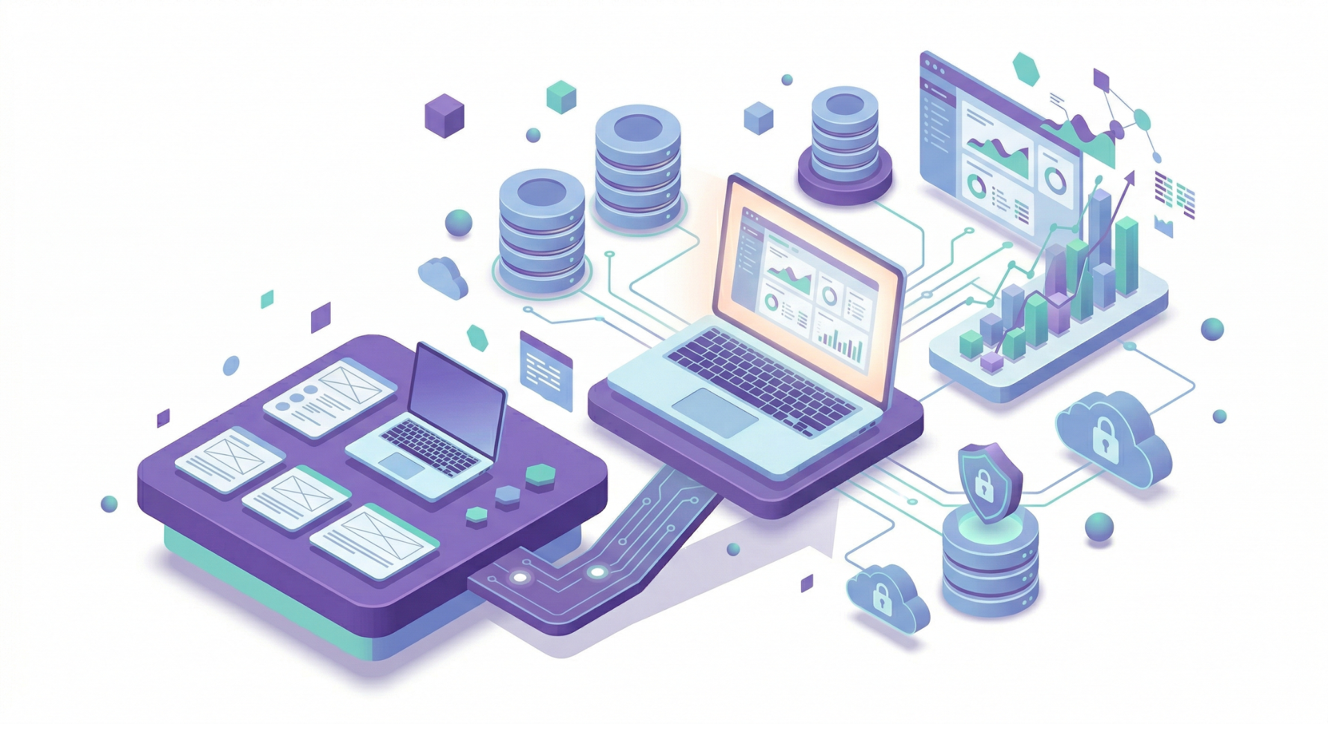 Isometric illustration showing laptops, data servers, and digital charts in shades of purple, symbolizing data analysis.