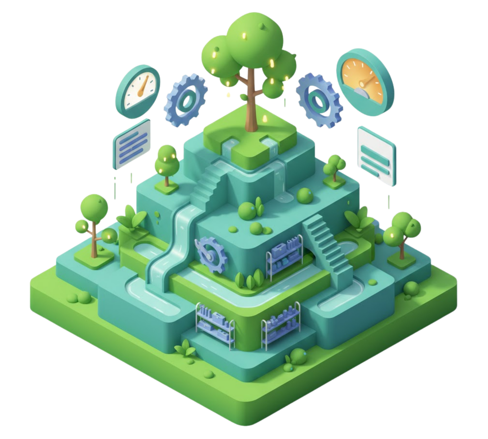 Isometric depiction of a database, API symbol, and a data center in a translucent purple and green box.