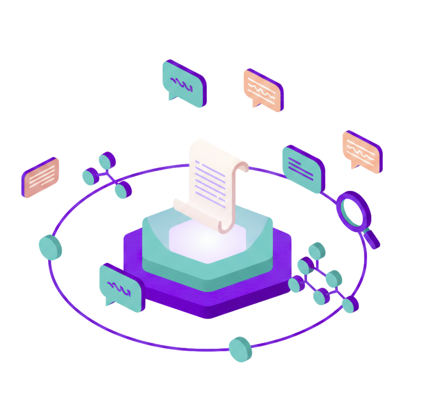 Isometric illustration of a scroll on a pedestal surrounded by dialogue bubbles, molecules, and a magnifying glass.