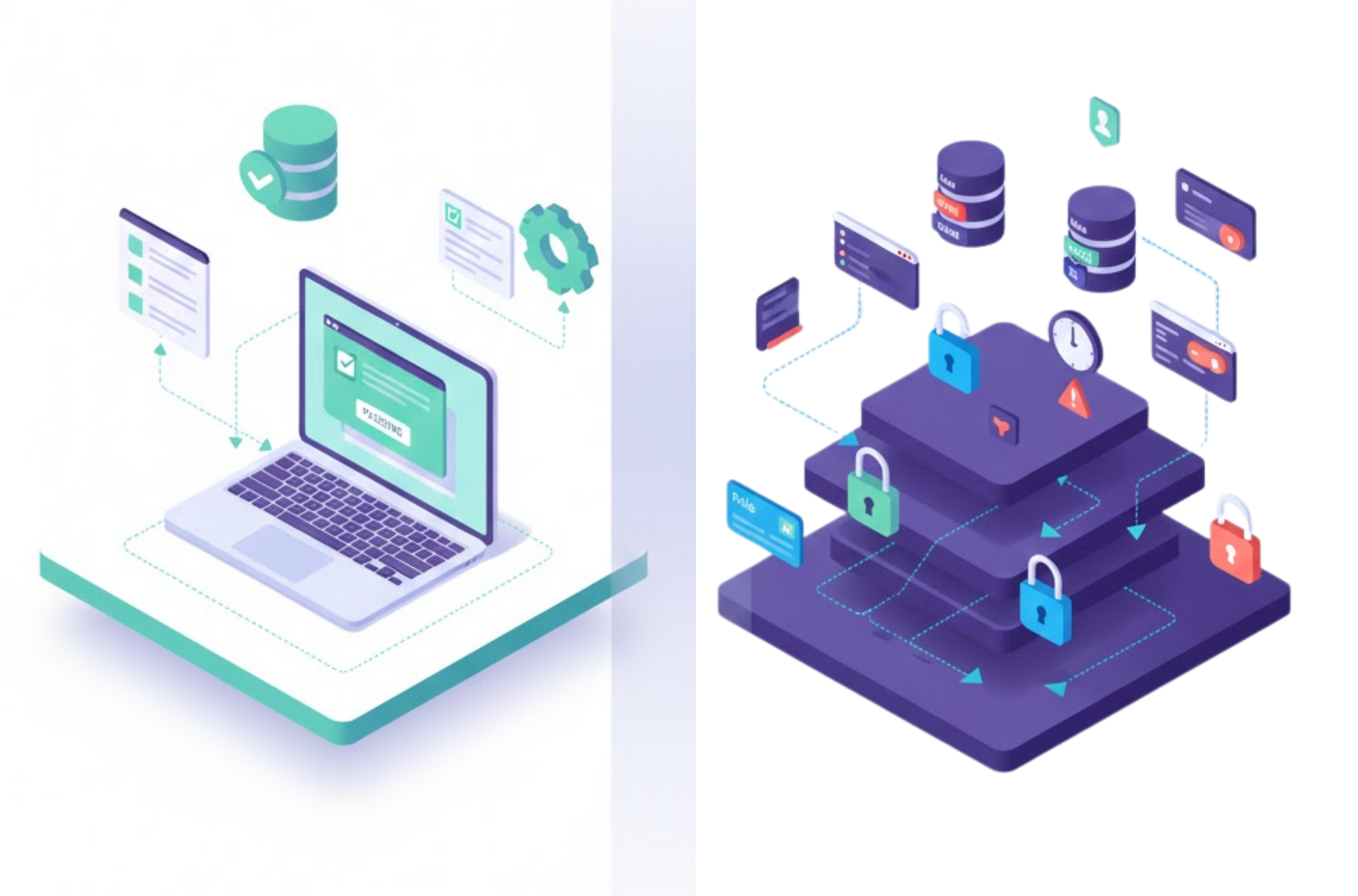 Isometric view of four interconnected data servers with glowing blue interfaces and various icons.