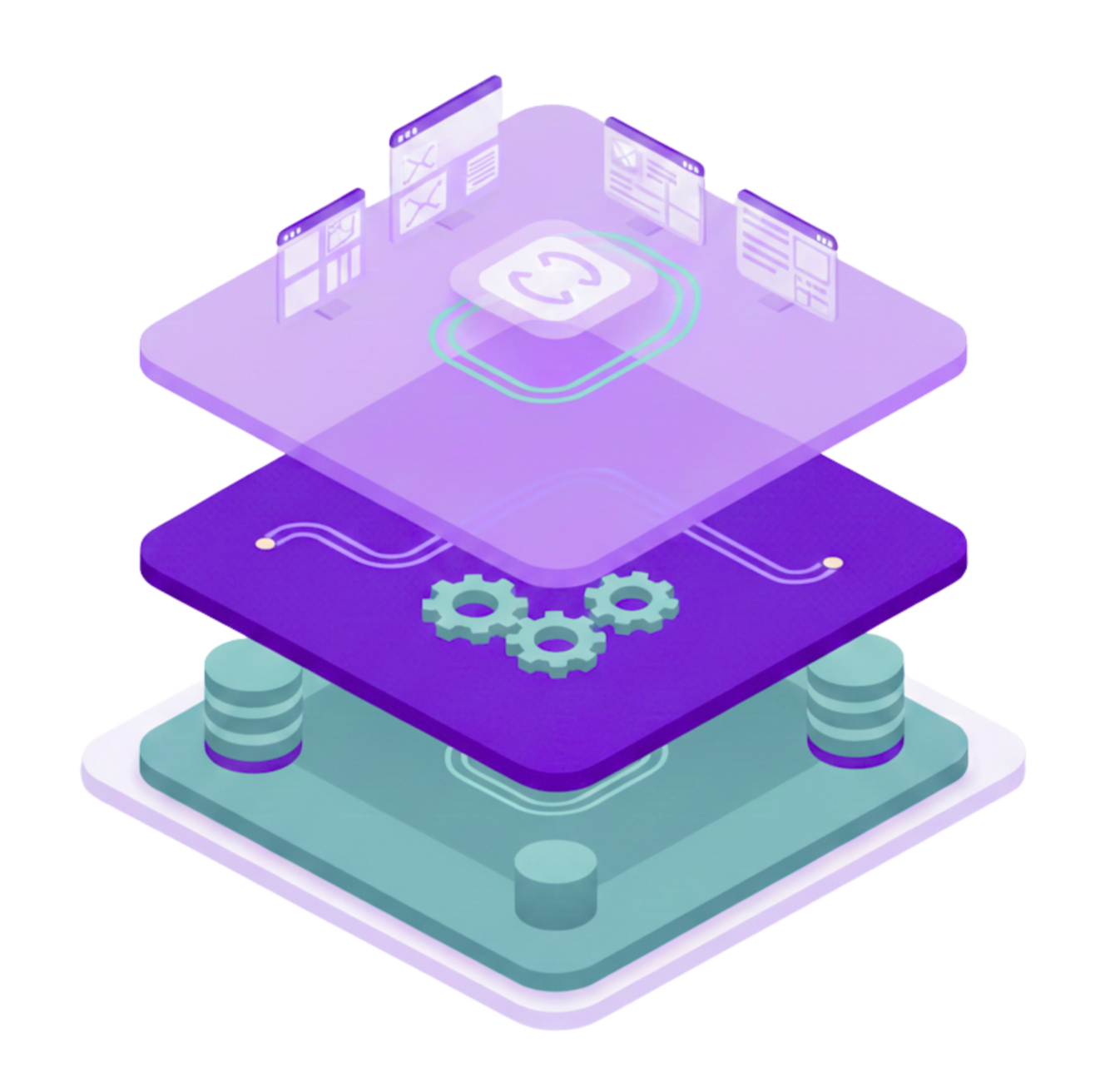 Isometric diagram of layered data processing: databases, gears, and interface.