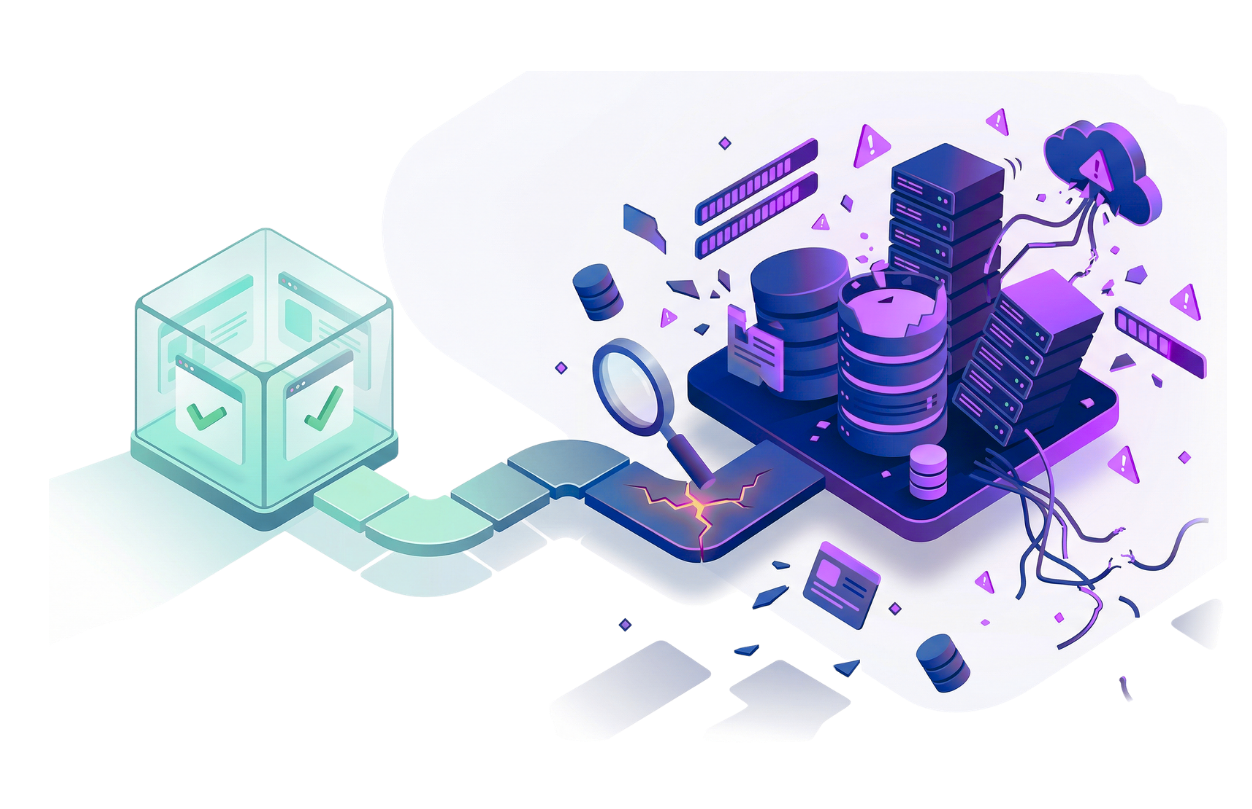 A digital cube connects to a complex data platform featuring servers, a magnifying glass, and cloud icons in purple hues.