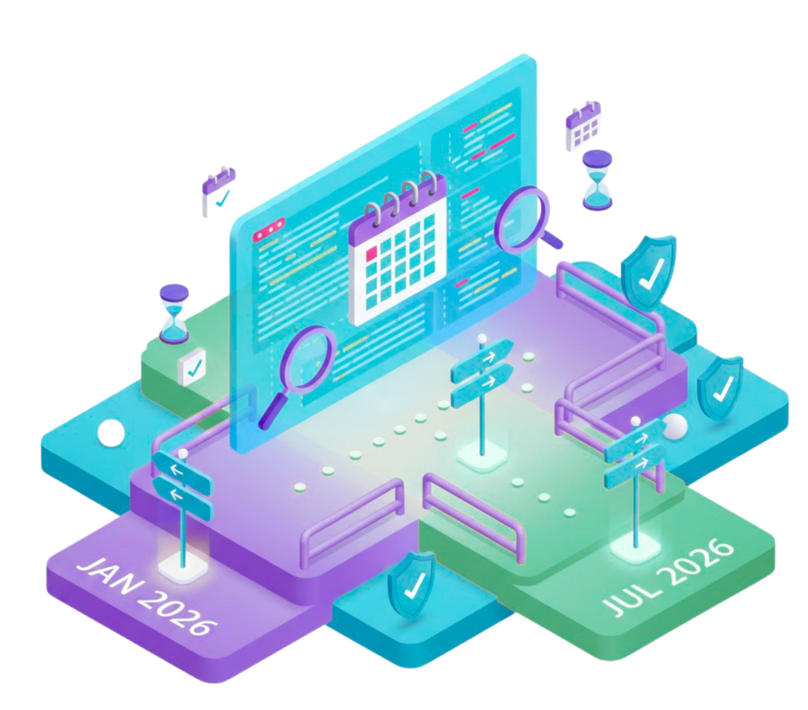 Isometric depiction of a database, API symbol, and a data center in a translucent purple and green box.
