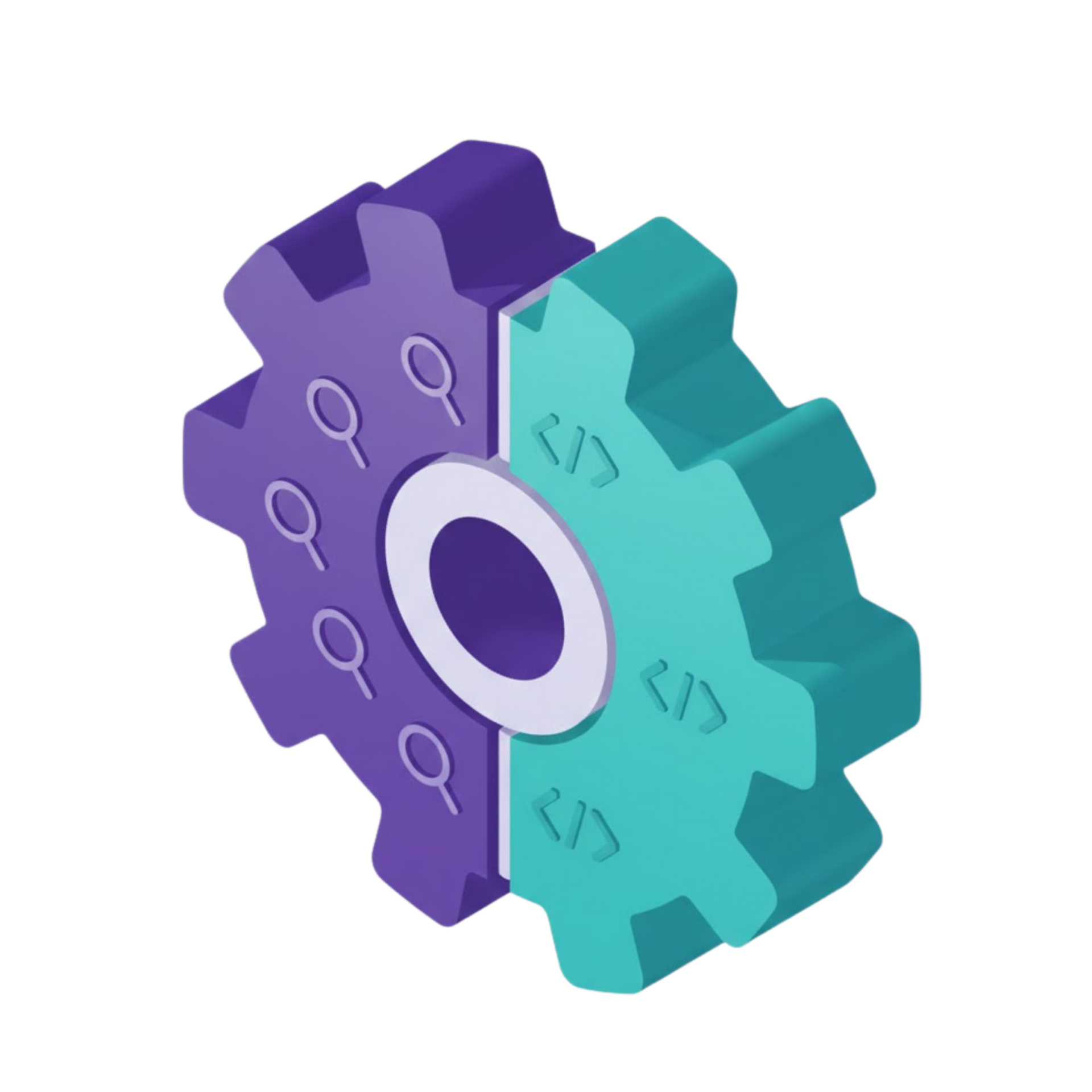 Isometric depiction of a database, API symbol, and a data center in a translucent purple and green box.