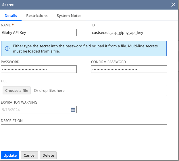 Screenshot of a secret management tool with details for a Giphy API key, including name, ID, and file upload options.