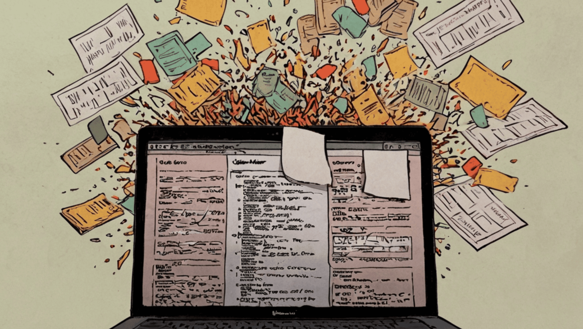 Laptop with exploding documents.
