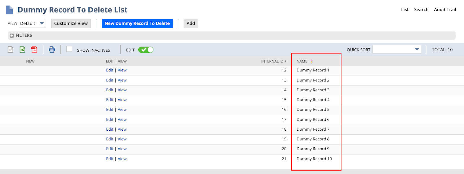 A table displaying a list of items with associated actions in a web interface.
