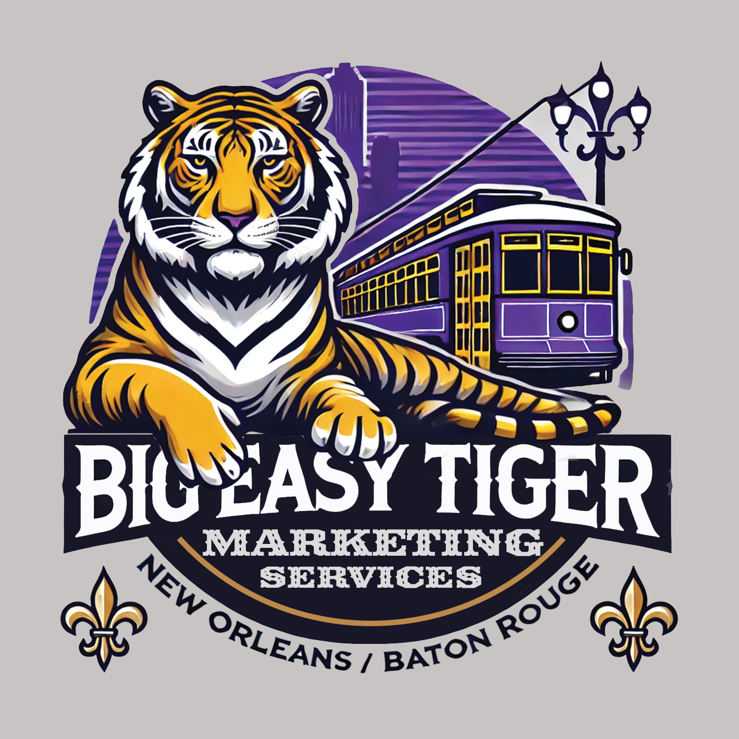 A tiger is relaxing next to a New Orleans streetcar in a logo for big easy tiger marketing services.