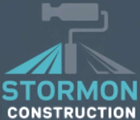 Logo for Stormon Construction: gray paint roller over teal and gray road design, "STORMON CONSTRUCTION" text.