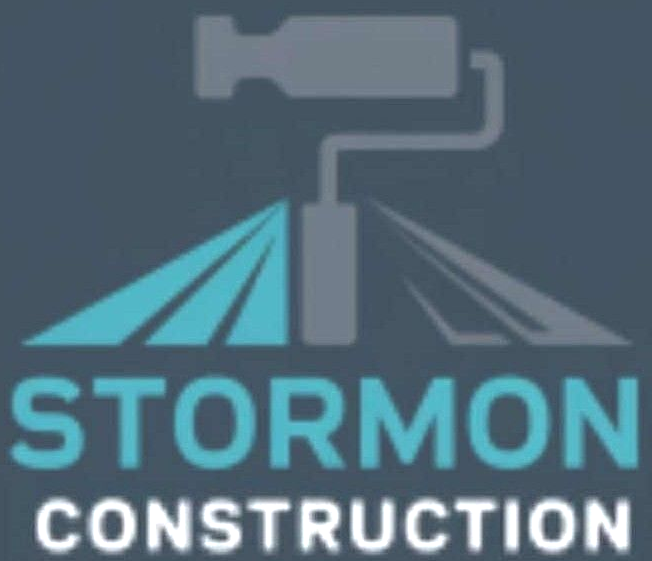 Logo for Stormon Construction: gray paint roller over teal and gray road design, "STORMON CONSTRUCTION" text.