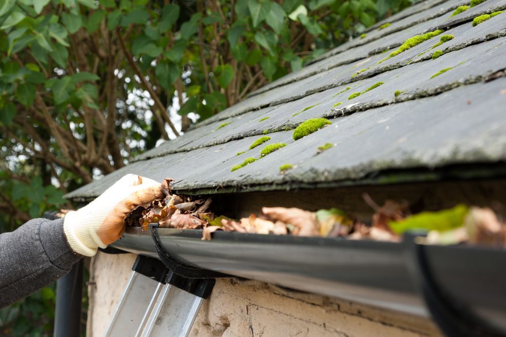 Person in gloves cleaning a gutter filled with leaves on a roof.