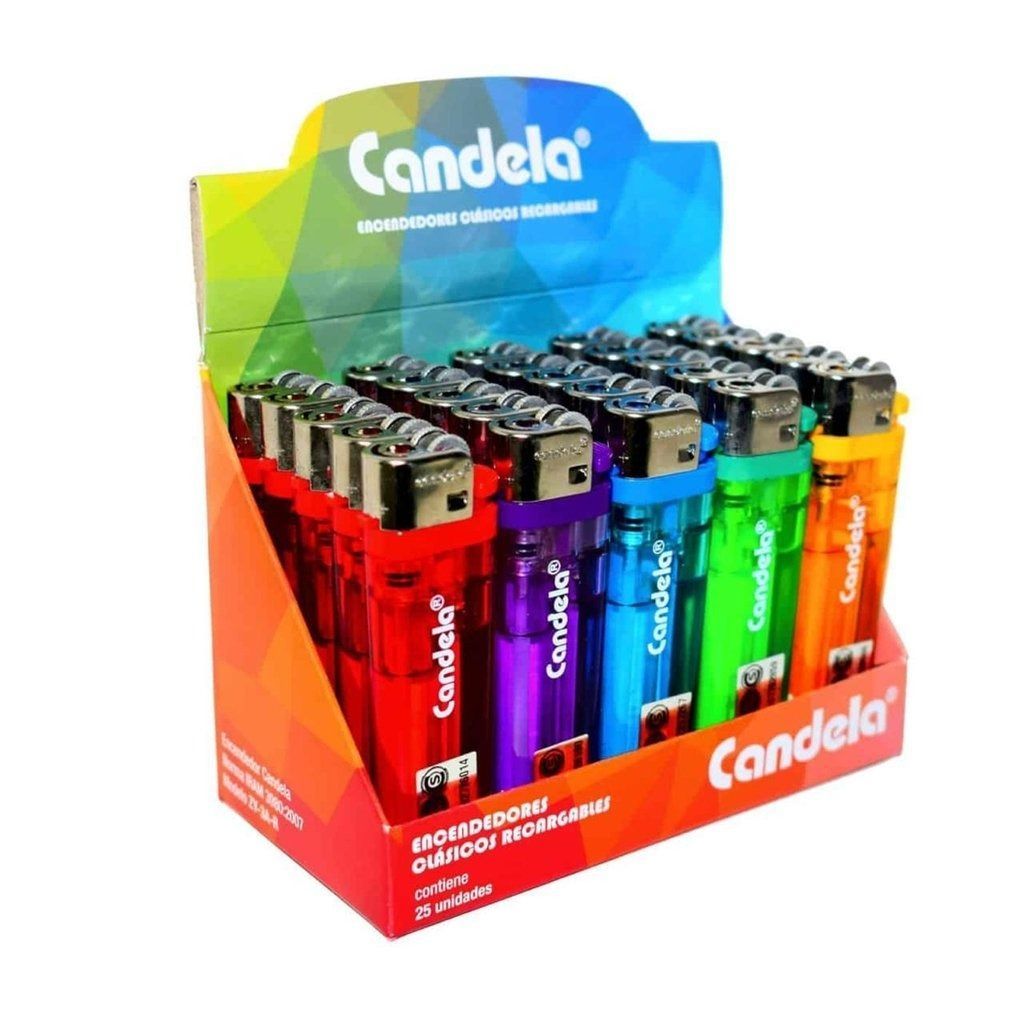 Caja expositora de encendedores Candela de colores. Encendedores rojos, morados, azules, verdes y naranjas.