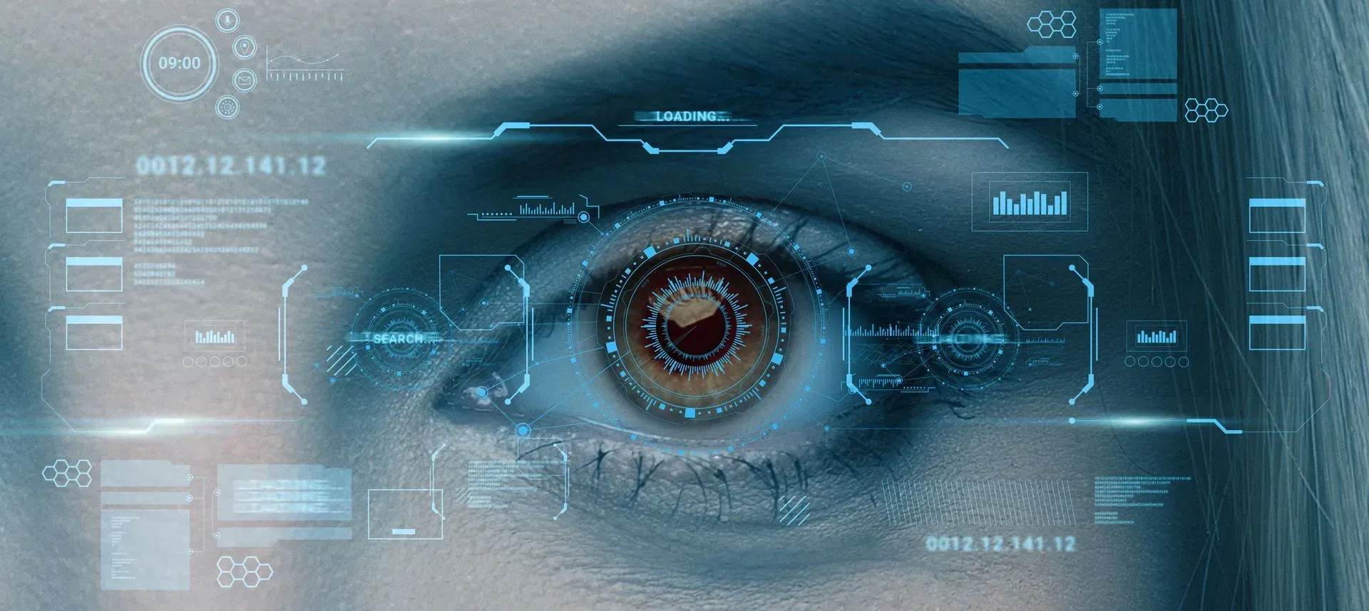 Digital overlay with a womans eye in the background