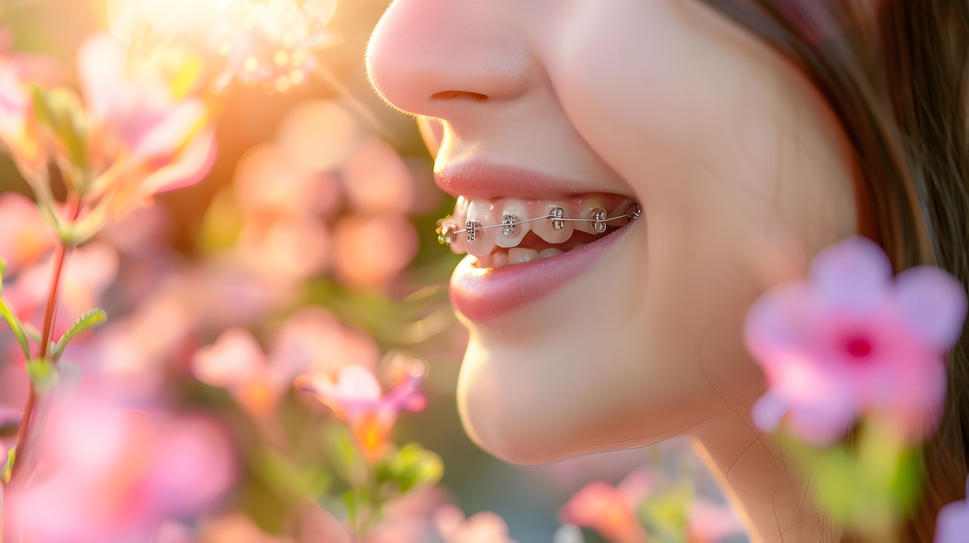 A woman with metal braces and is smiling in front of pink flowers.