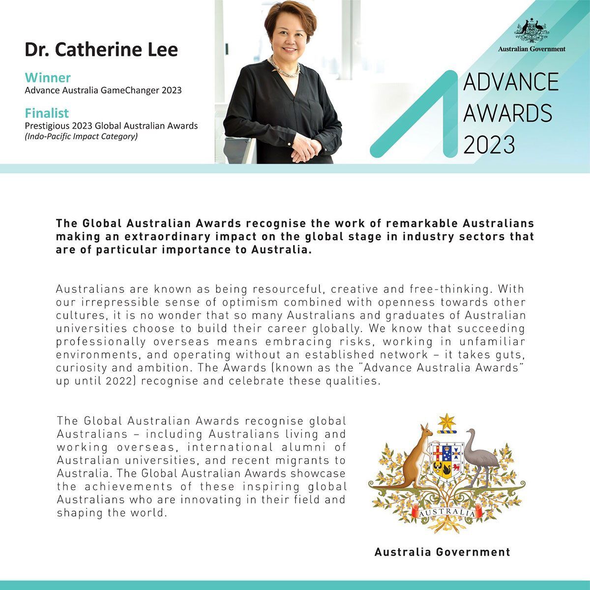 a poster for dr. catherine lee winner of the advance australia gamechanger 2023